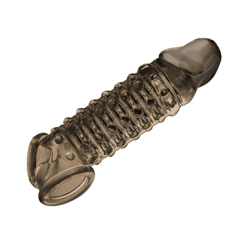 The 9's Toppers Open Ended Extender - Smoke, ultra-stretchy TPR sleeve for added length and girth with pull-through hole for extra fun