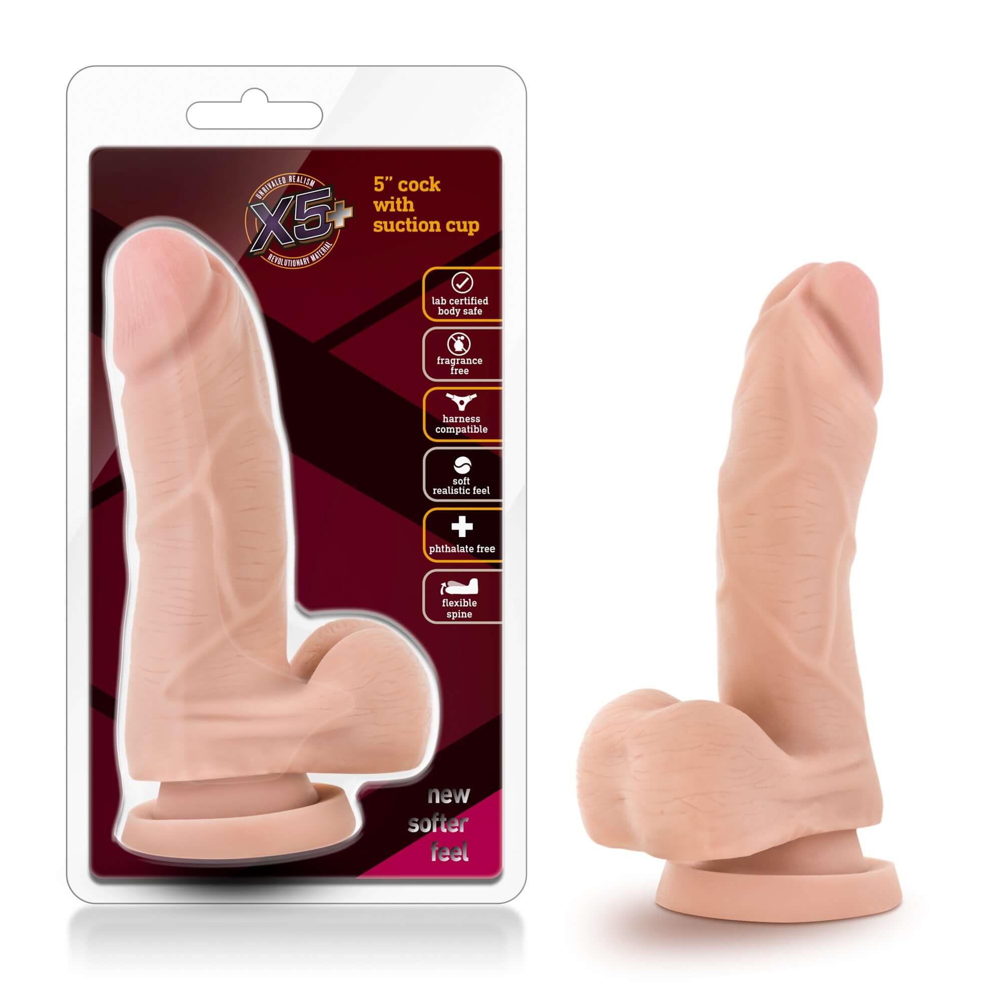 X5 5 inch cock with suction cup dildo in packaging, showcasing realistic design and veined shaft for enhanced pleasure.