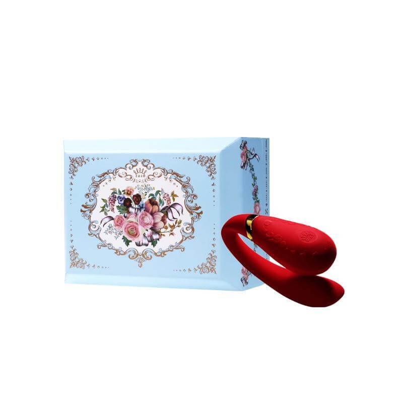 ZALO Fanfan App-controlled Rechargeable Couples Massager in Bright Red next to elegant blue packaging with floral design.