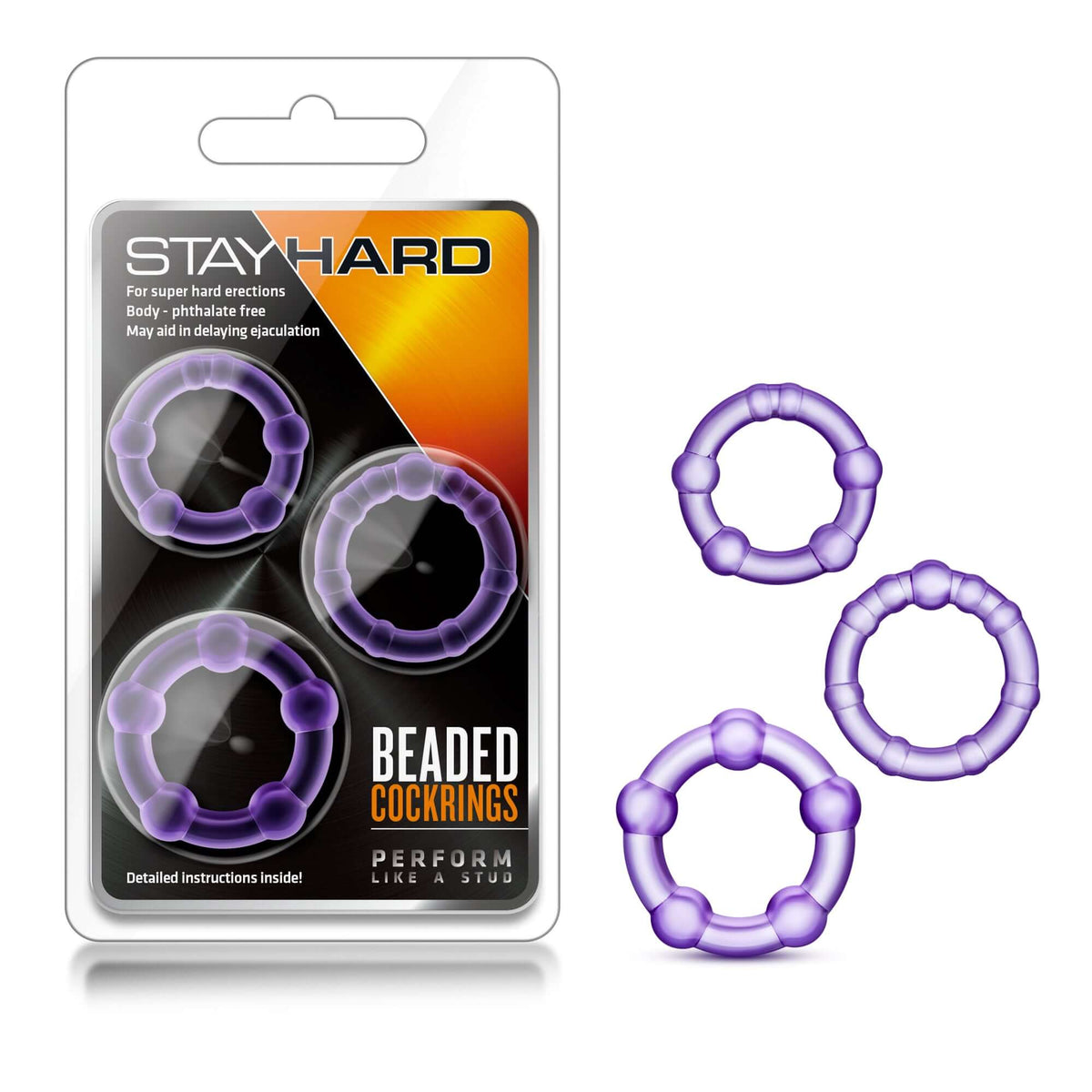 Stay Hard Beaded Cockrings 3 Pack Purple featuring three different sizes in a package for enhanced performance.