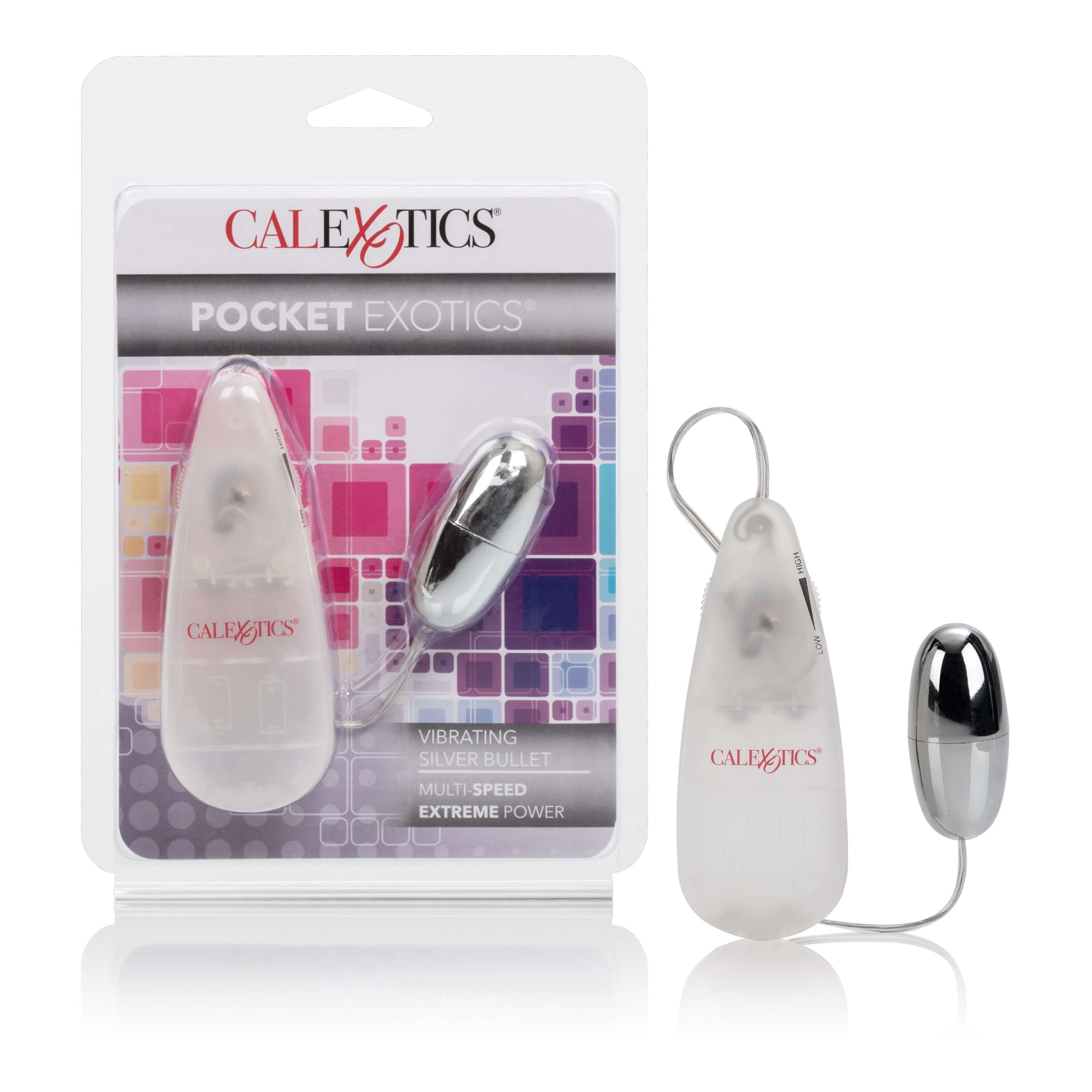 Image of the Pocket Exotics Vibrating Silver Bullet packaging with the massager featured.