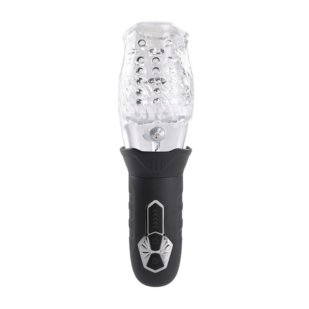 Cyclone Rotating Stroker in clear and black with realistic mouth entry and spinning vibrations for customized pleasure