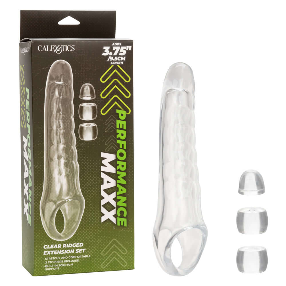 Performance Maxx Clear Extension Kit with packaging and extension accessories for intimate enhancement and satisfaction