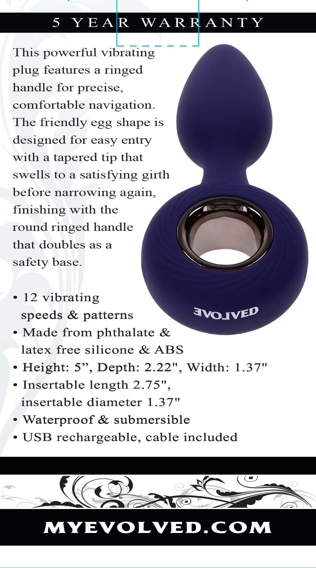 Blue vibrating anal plug with ergonomic ringed handle, 12 vibration speeds, waterproof, phthalate, and latex free, USB rechargeable