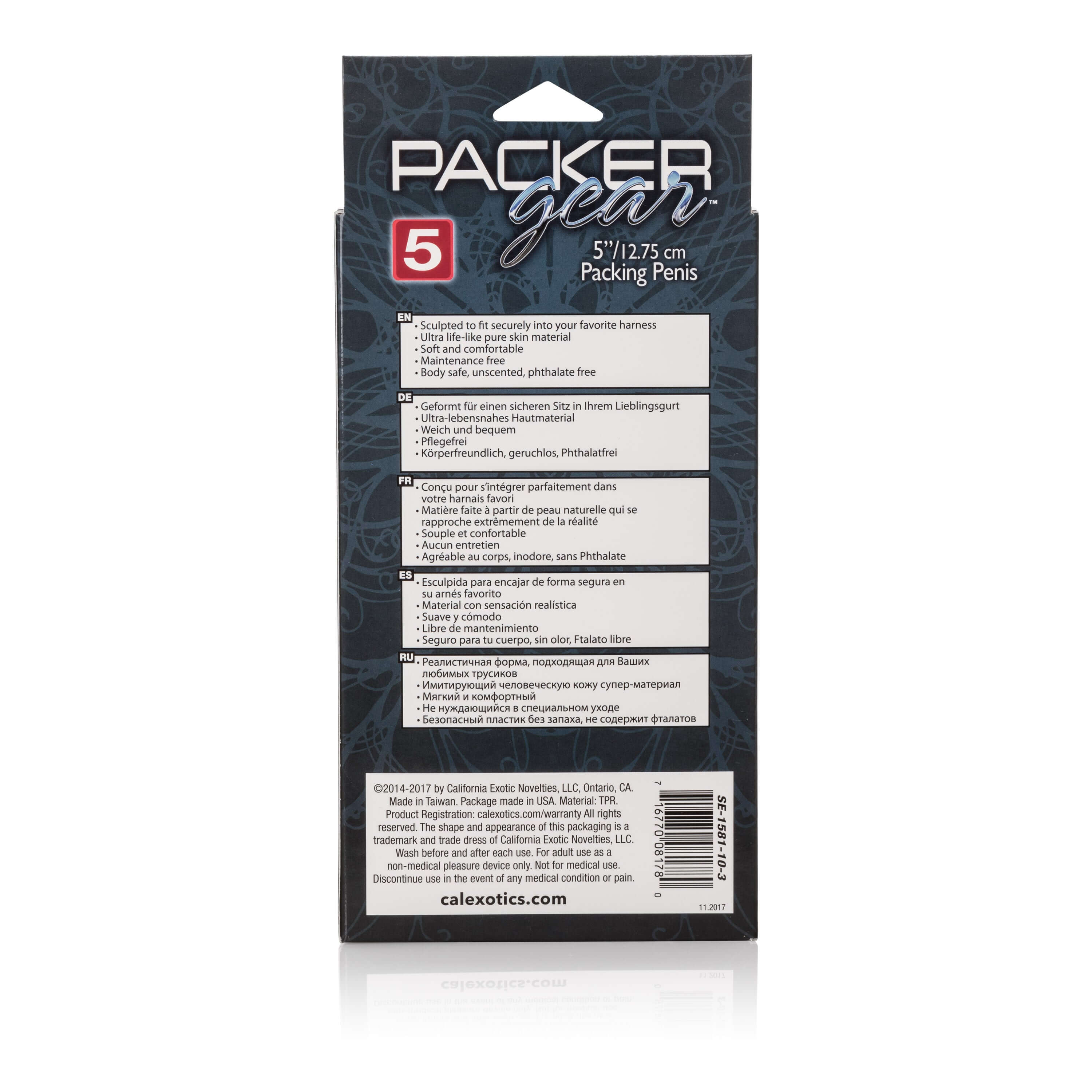 Packer Gear Packing Penis 5 Inch Brown packaging showing detailed product information and features.