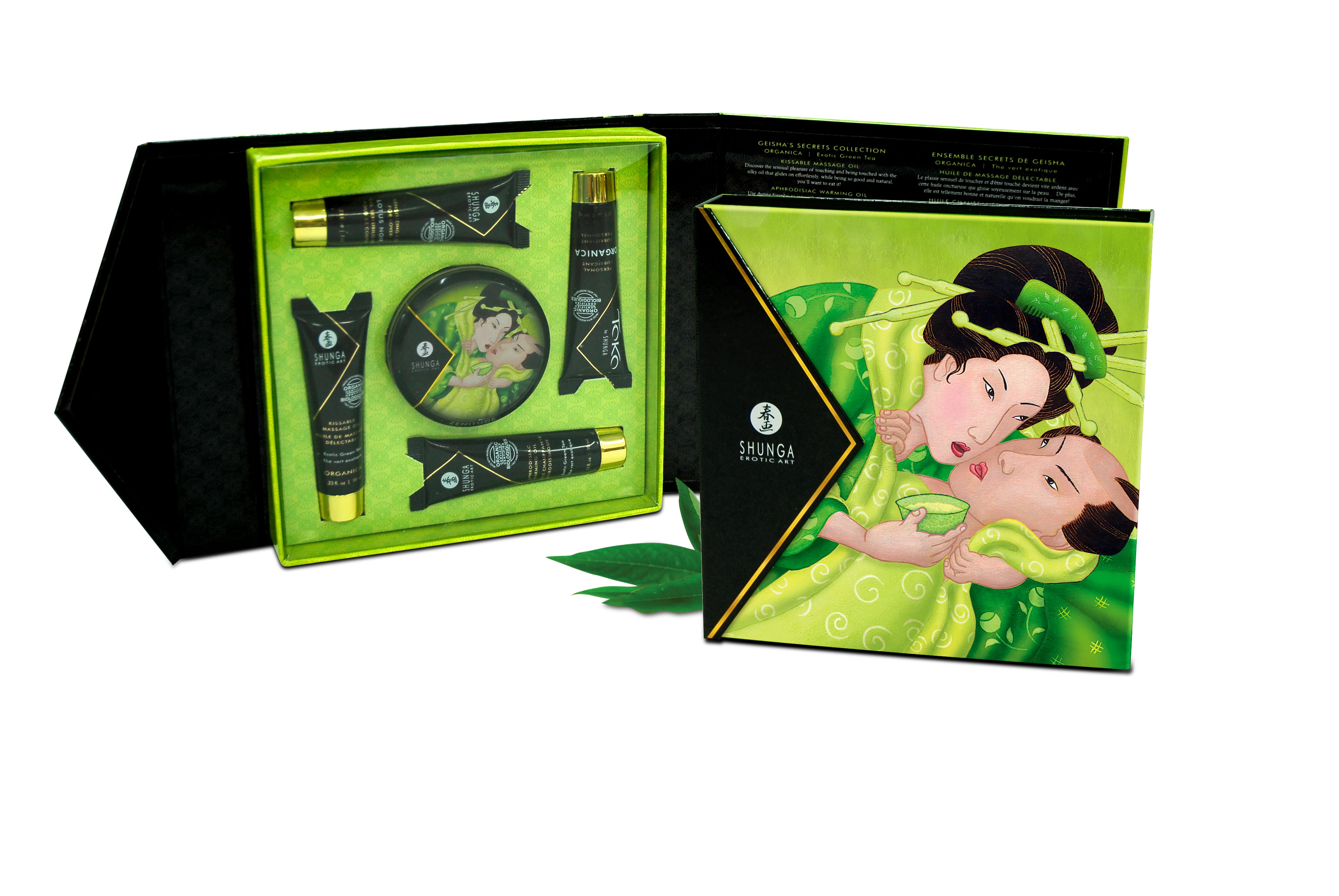 Geisha's Secrets Gift Set featuring massage oils, a candle, and lubricant in a beautifully designed box with vibrant green artwork.