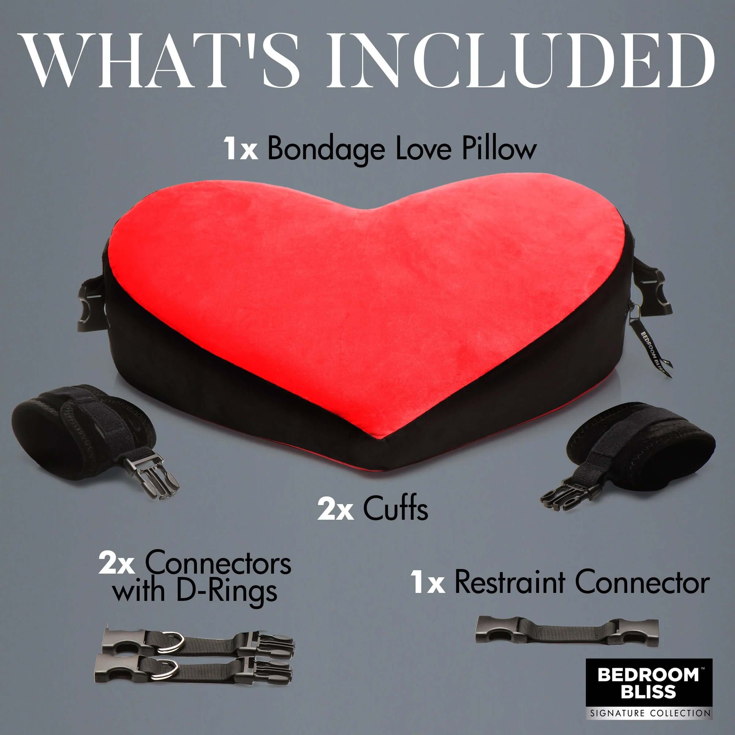 Heart-shaped Bondage Love Pillow in black and red with included cuffs, connectors with D-rings, and restraint connector from Bedroom Bliss.