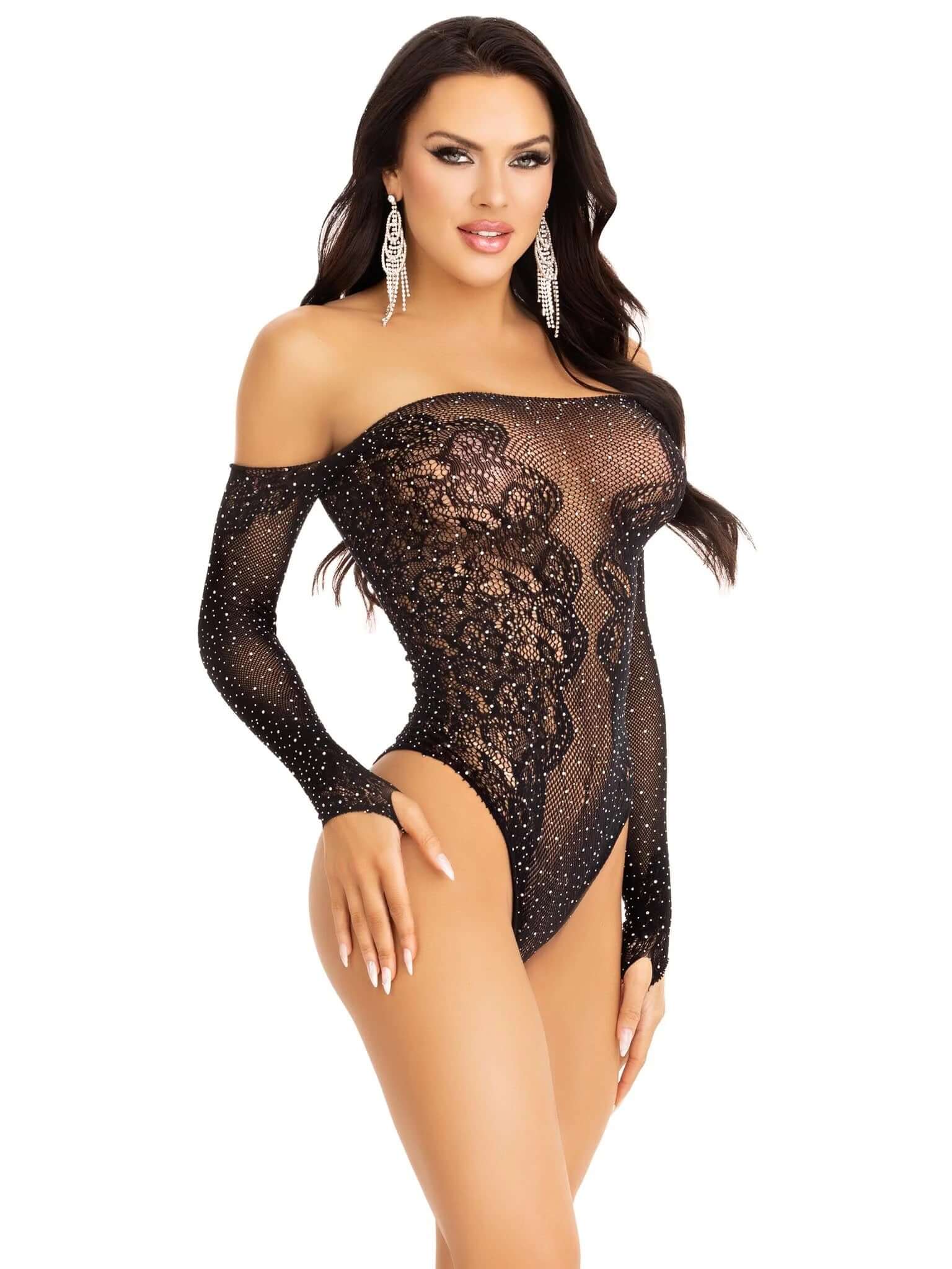 Rhinestone Net and Lace Teddy - One Size - Black-0