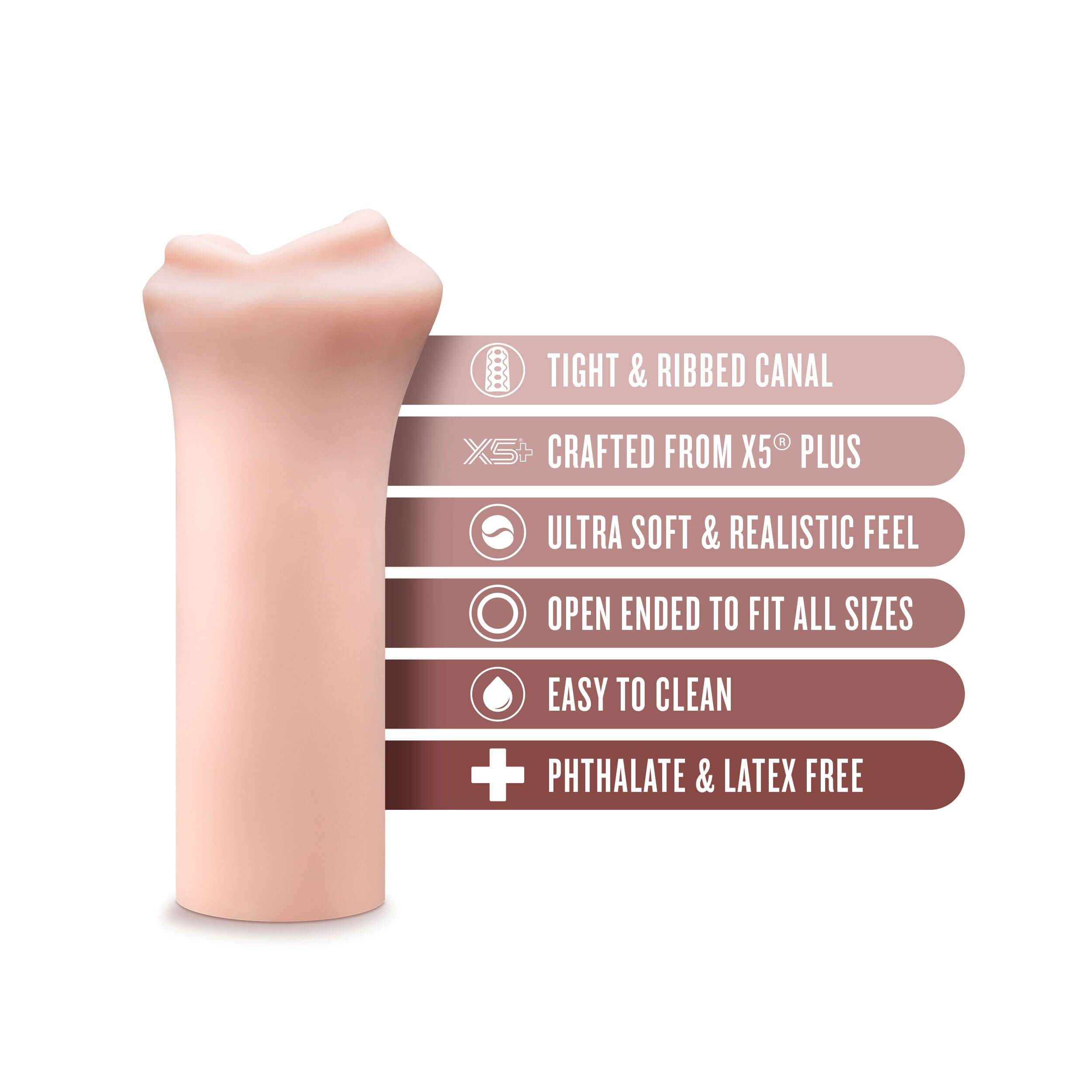 Enlust Candi male stroker featuring tight ribbed canal, ultra-soft X5 Plus material, and easy-to-clean design, phthalate and latex free.