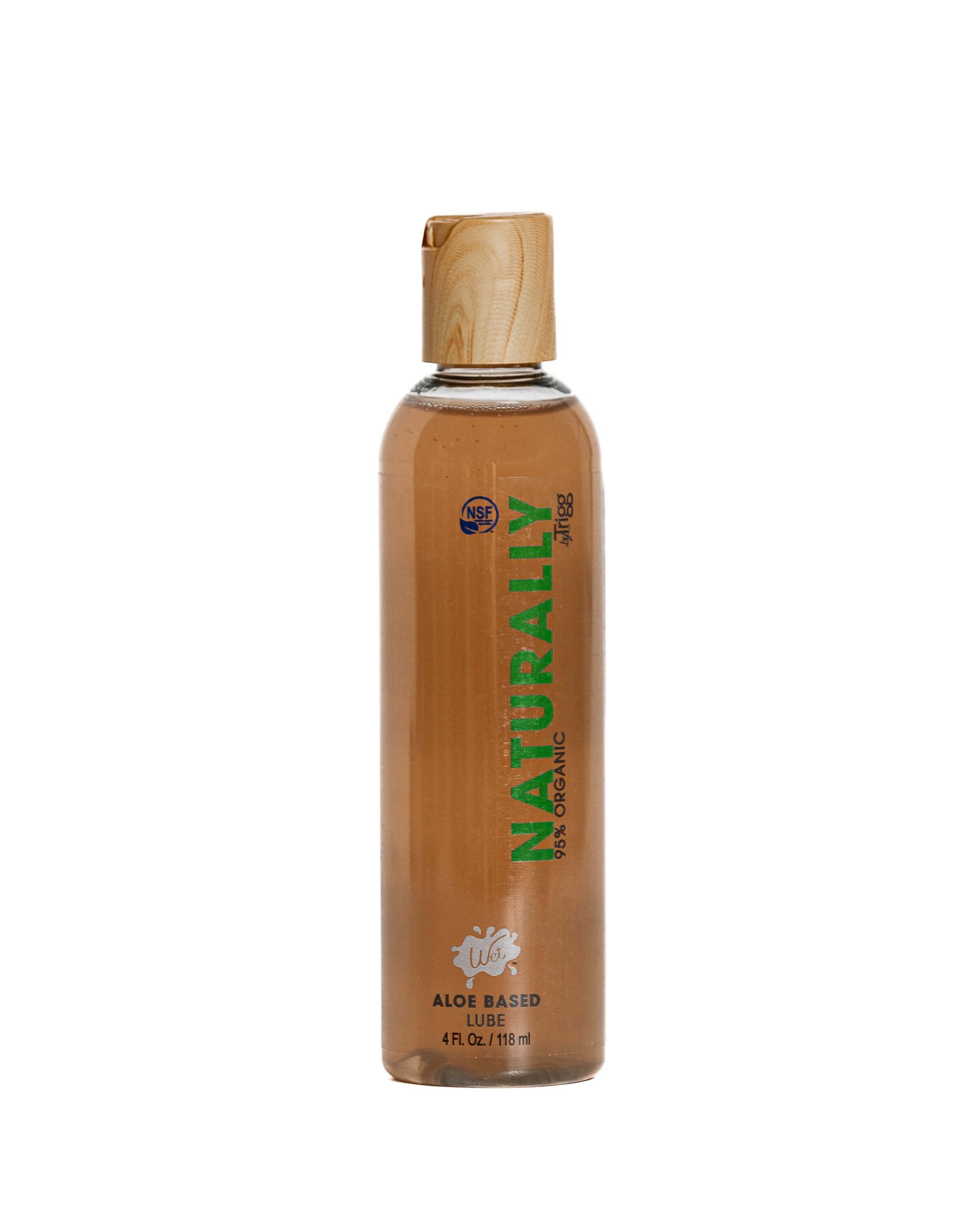 Wet Naturally Certified Organic Aloe Based Lubricant 4 Oz in a clear bottle with wooden cap, premium aloe-based personal lubricant.