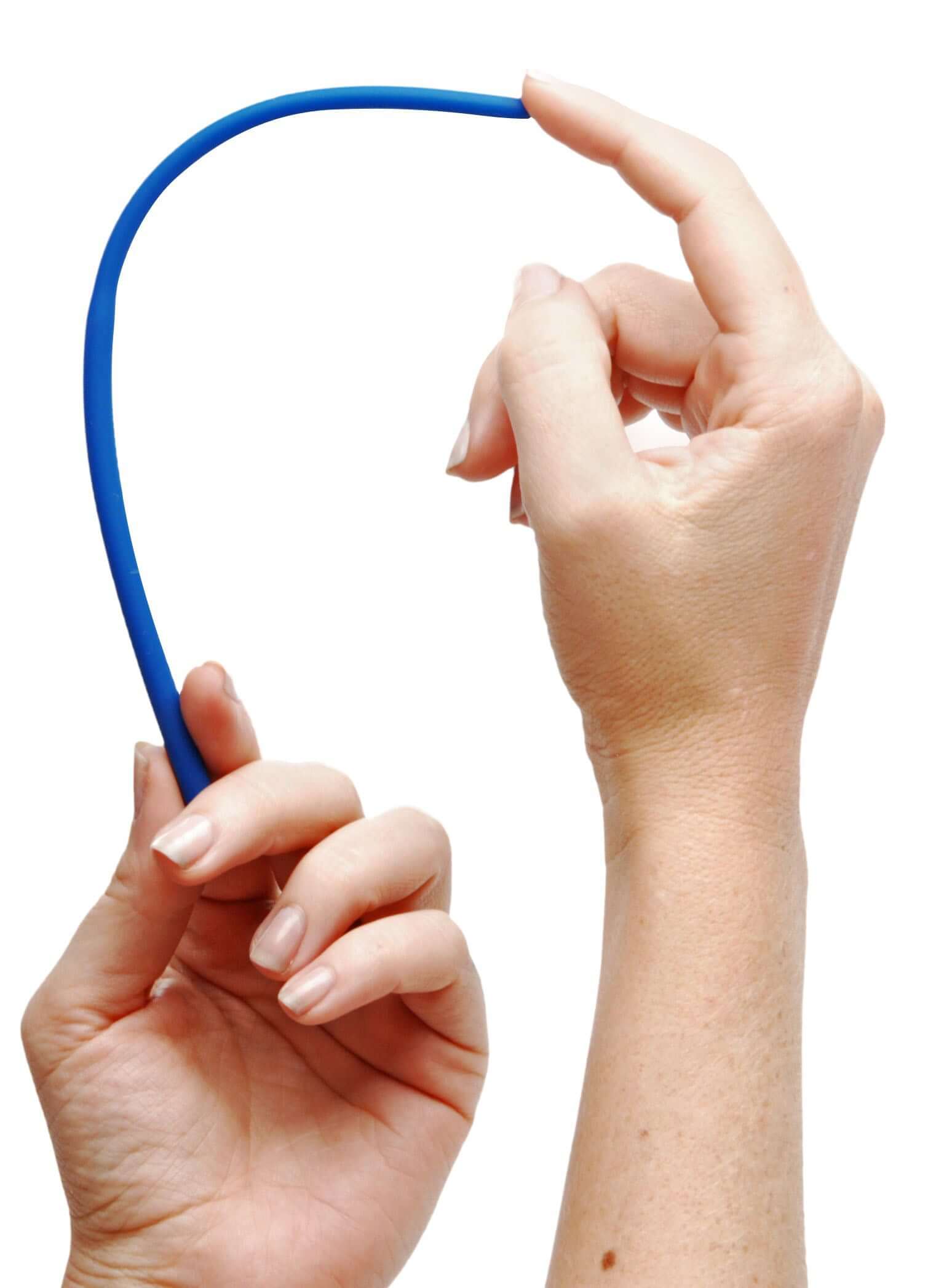 Hand holding a flexible blue silicone urethral sound from the Invasion Silicone Urethral Sound Trainer Set - body-safe and sterilizable.
