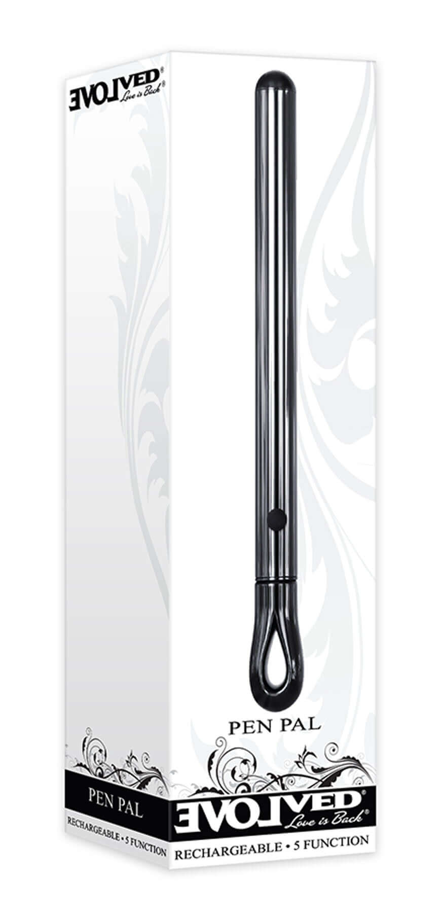 Evolved Pen Pal rechargeable 5-function vibrator packaging showcasing sleek design for discreet pleasure on the go.