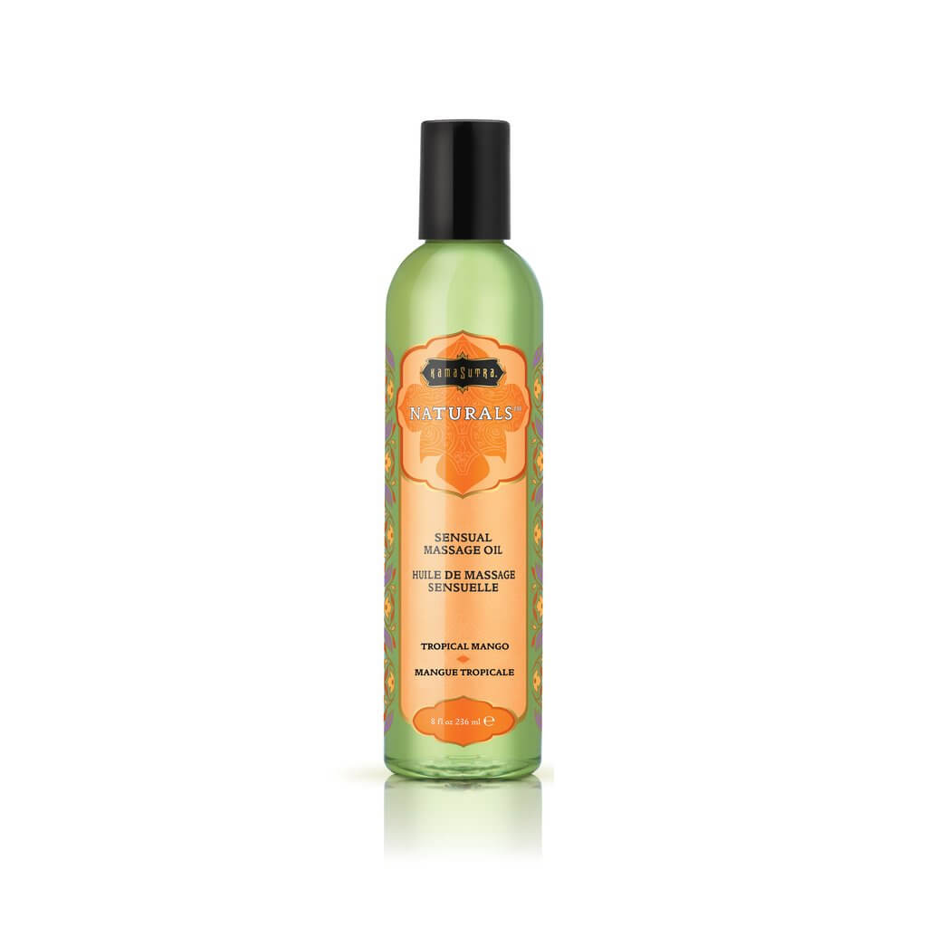 Kama Sutra Naturals Massage Oil Tropical Mango 8 Oz bottle for sensual and relaxing massages.