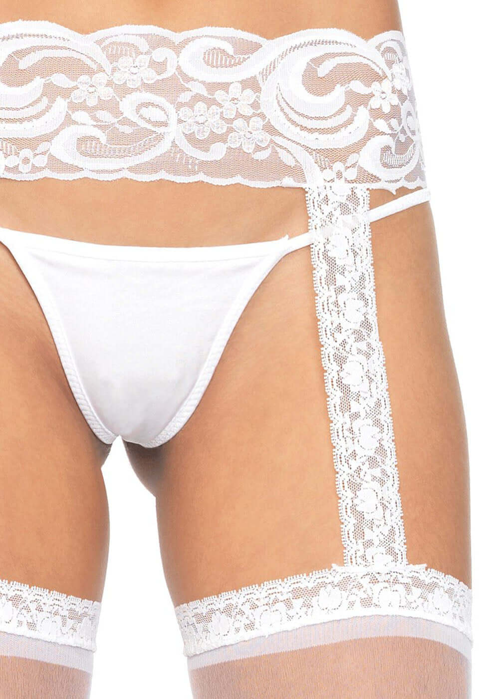 Sheer white thigh high stockings with lace top and attached lace garterbelt.
