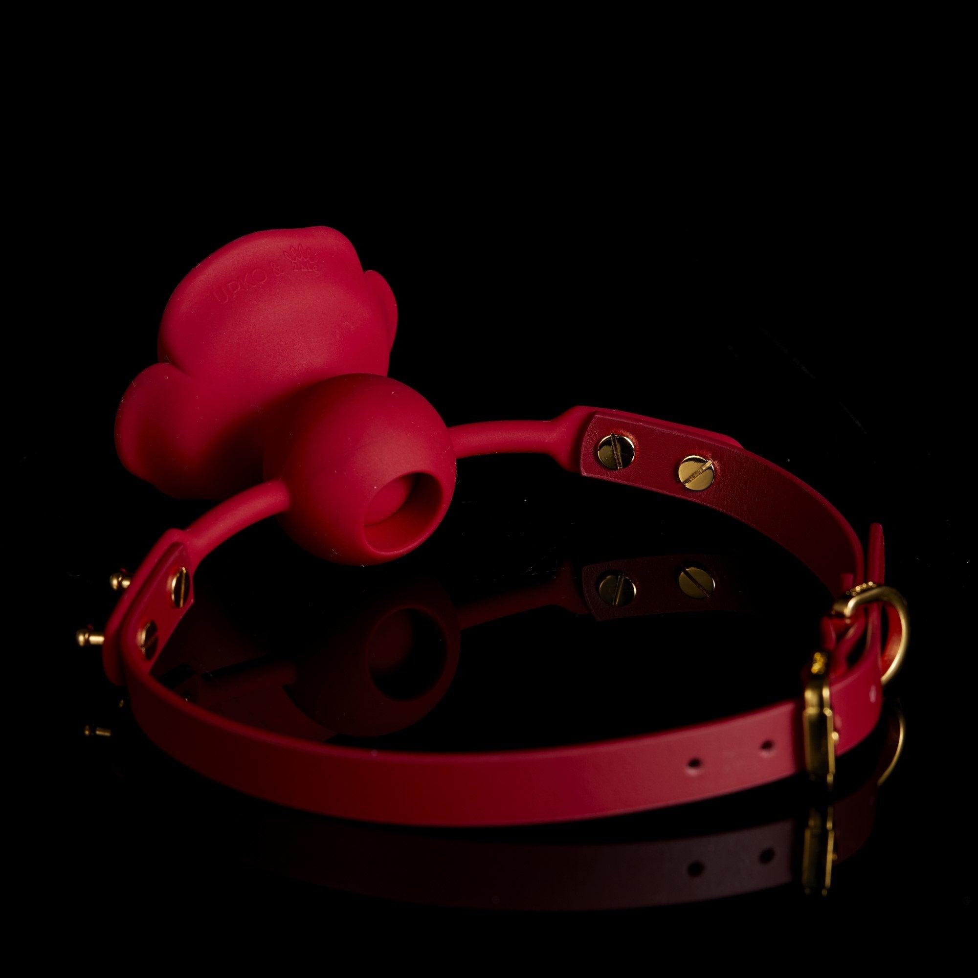 ZALO & UPKO red rose ball gag with a hole, luxury Italian leather strap, designer collection, Dow-Corning silicone, zinc alloy buckle