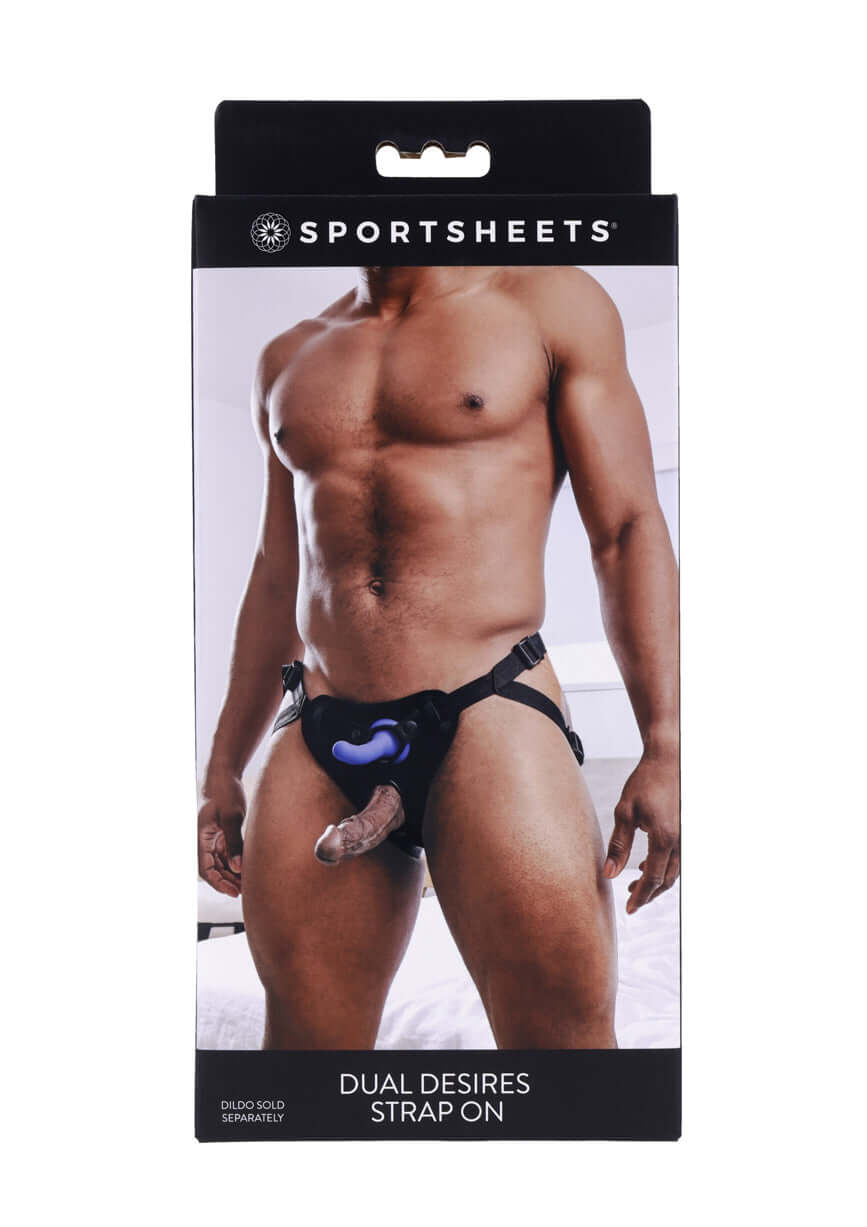 Packaging of Dual Desires Strap On by Sportsheets showing a model wearing the product, emphasizing dual penetration and snug fit