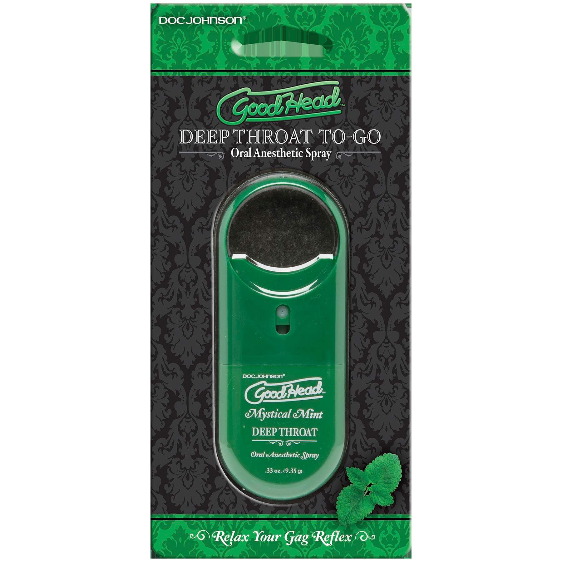 Good Head Deep Throat Spray To-Go in Mystical Mint flavor, oral anesthetic for a pleasurable experience.