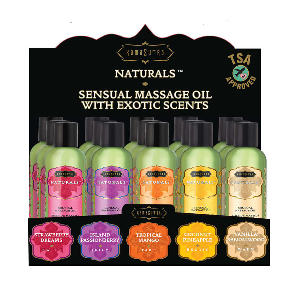 Kama Sutra Naturals Massage Oil Pre Pack featuring exotic scents in travel-size bottles.