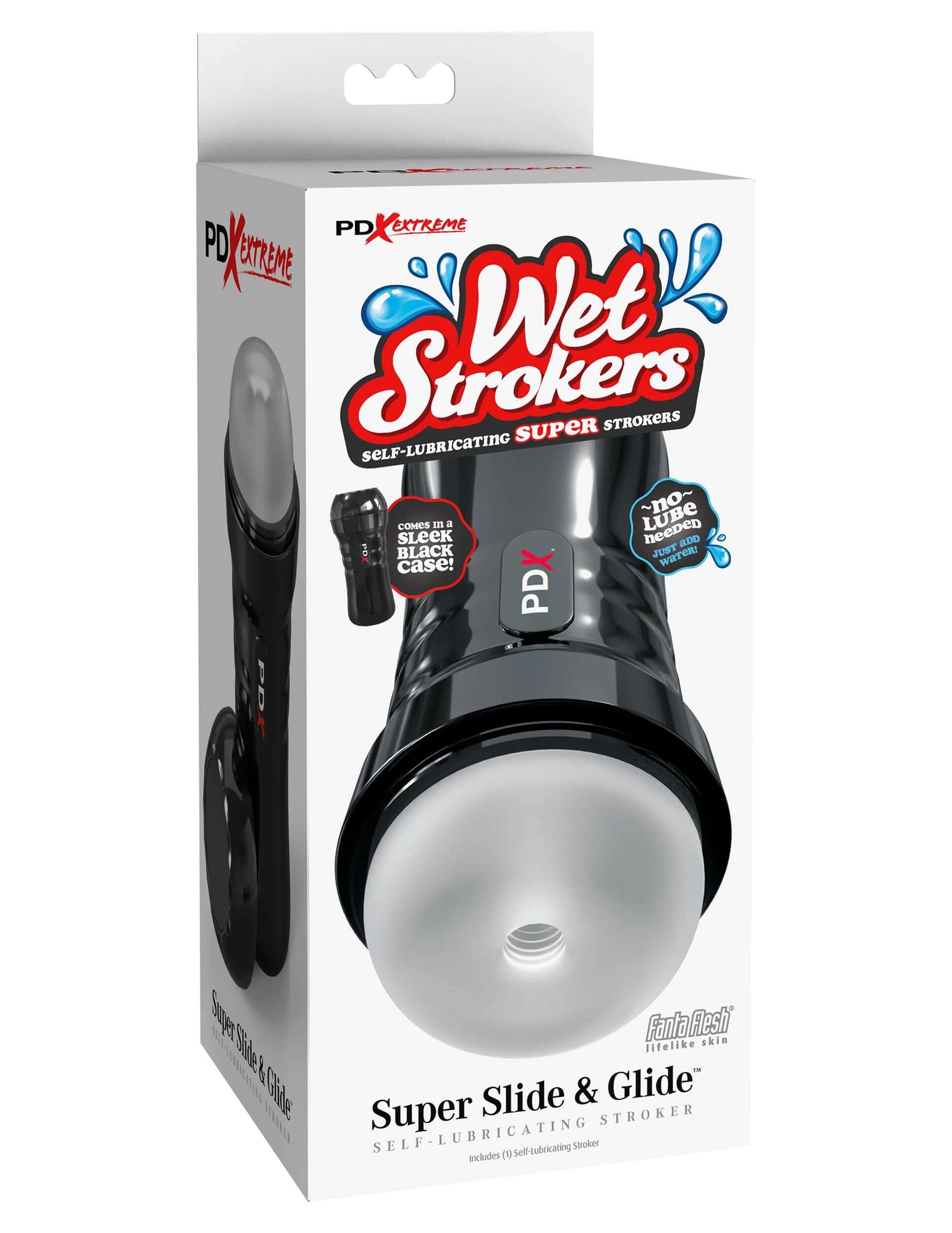 Wet Strokers Super Slide and Glide self-lubricating stroker in packaging, no lube needed, just add water.