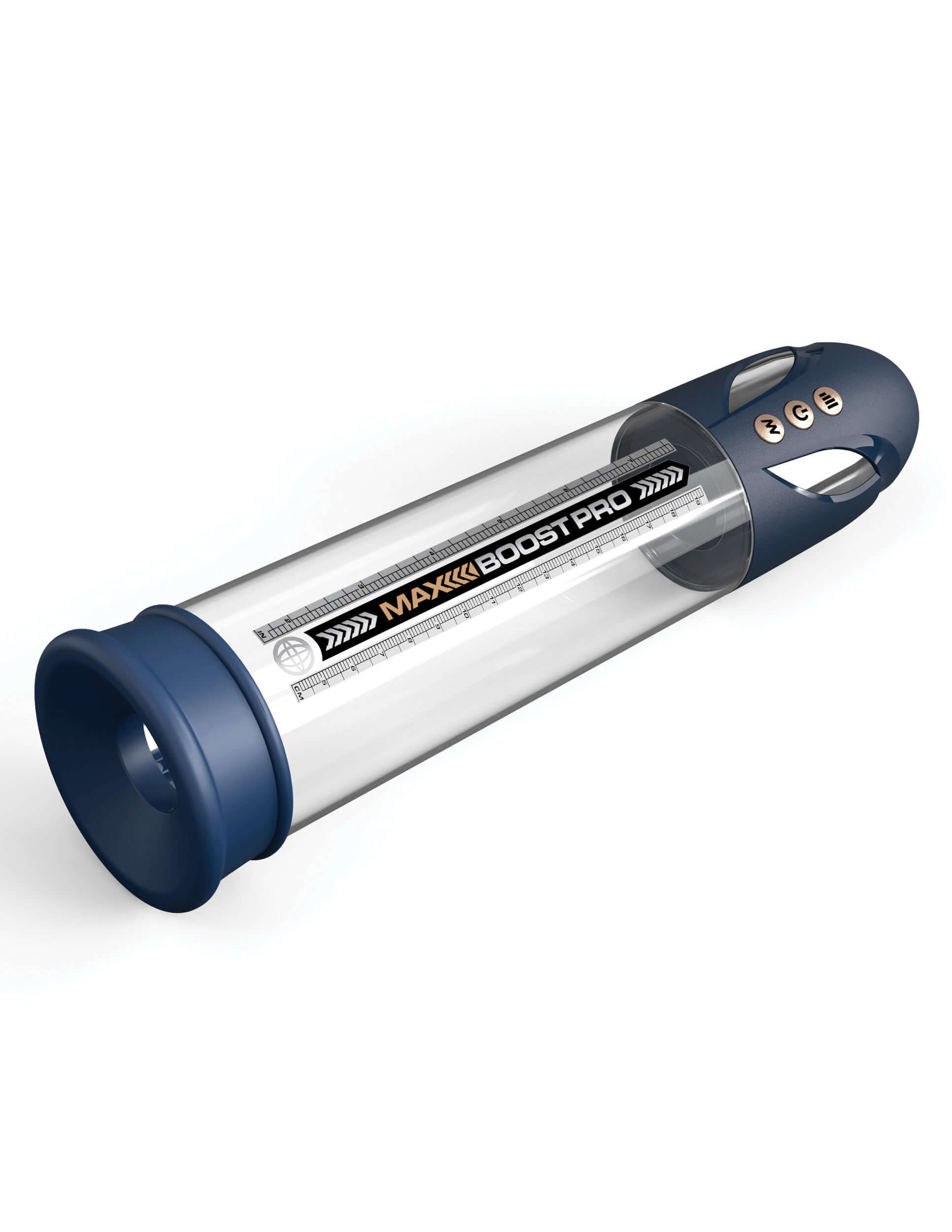 Max Boost Pro Flow Penis Pump in blue and clear design with automatic results, IPX6 waterproof rating for use in shower, tub, or spa