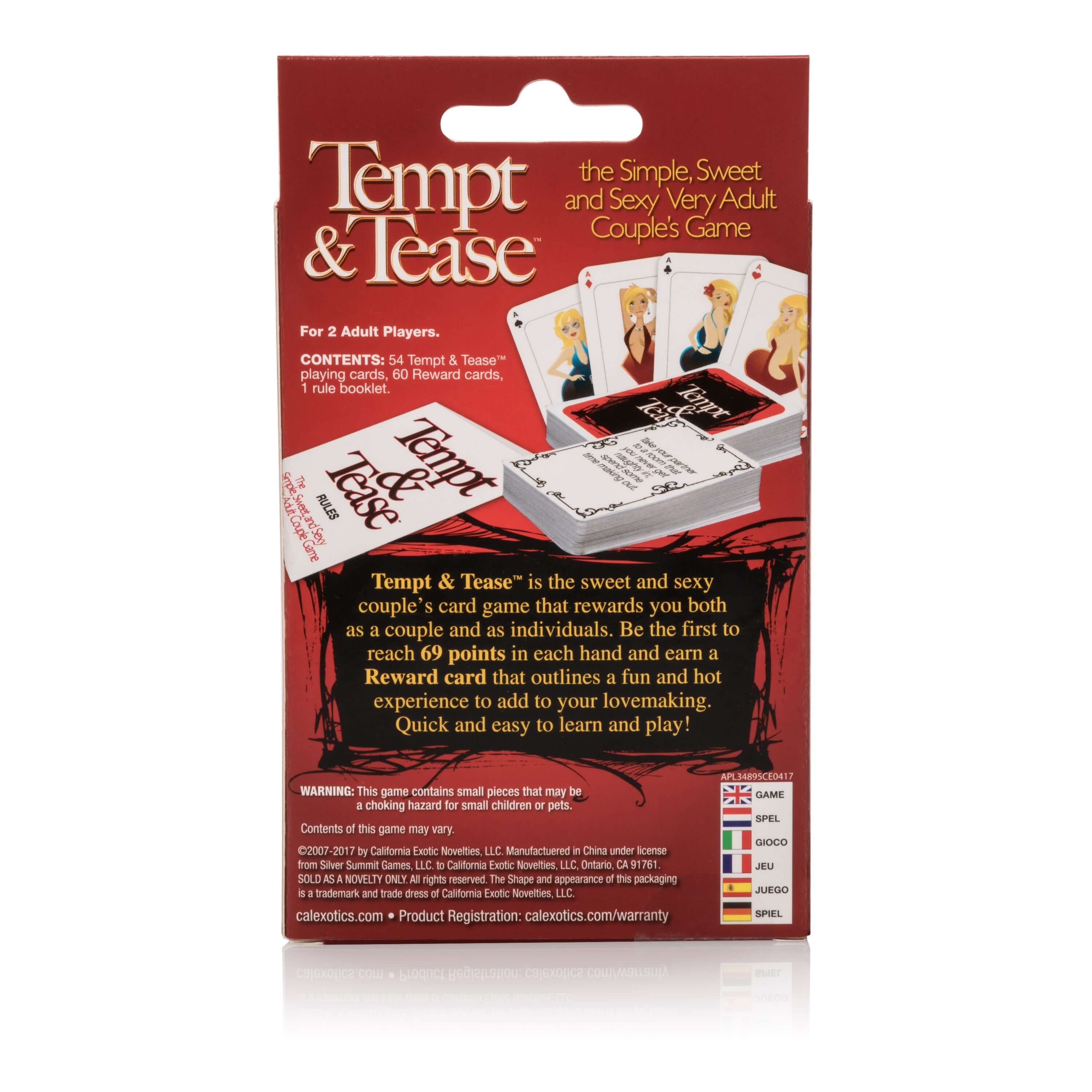 Tempt and Tease Adult Game packaging showcasing intimate couple's game for two players, focusing on fun and connection.