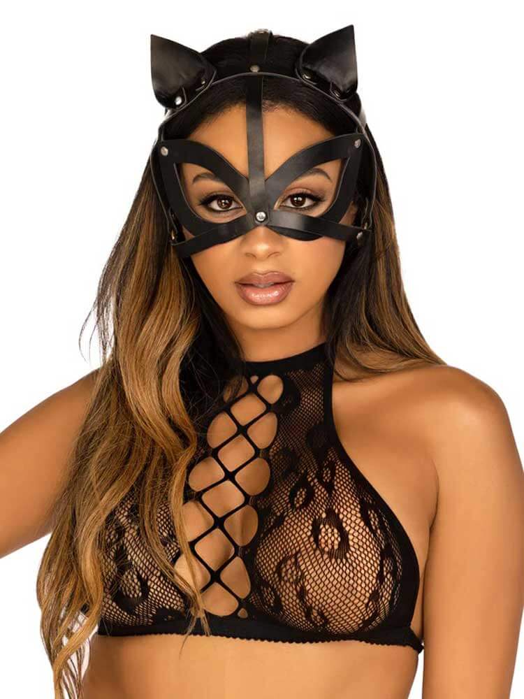 Vegan Leather Studded Cat Mask - Black-2