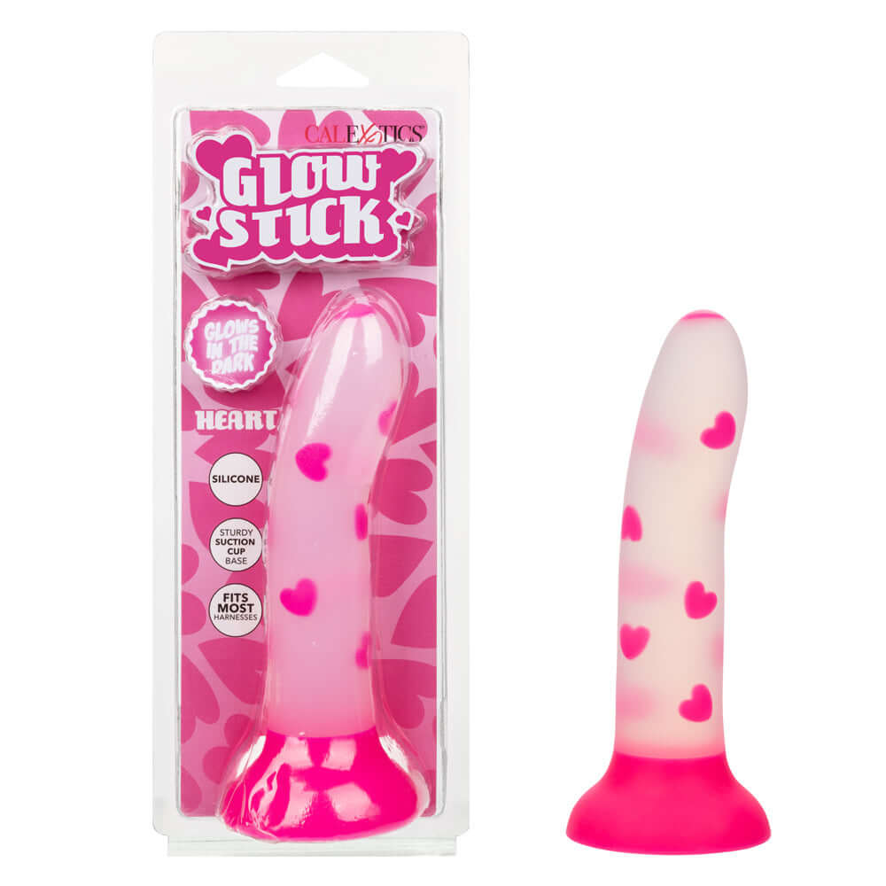 Glow Stick Heart Dildo in pink with glow-in-the-dark heart pattern and packaging showcasing satin finish silicone.