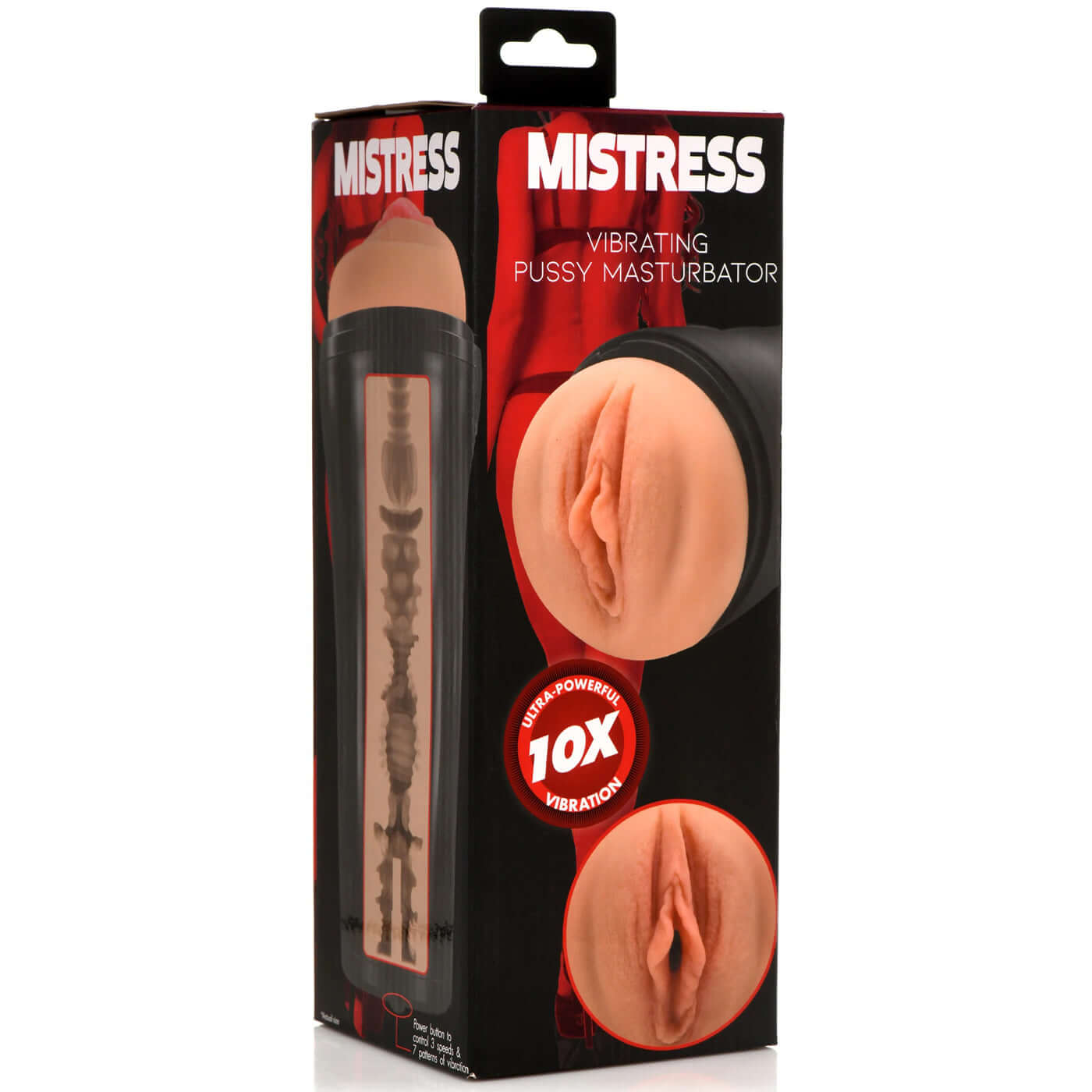 Mistress Vibrating Pussy Masturbator - Medium in packaging showing realistic textured tunnel and 10x vibration power.