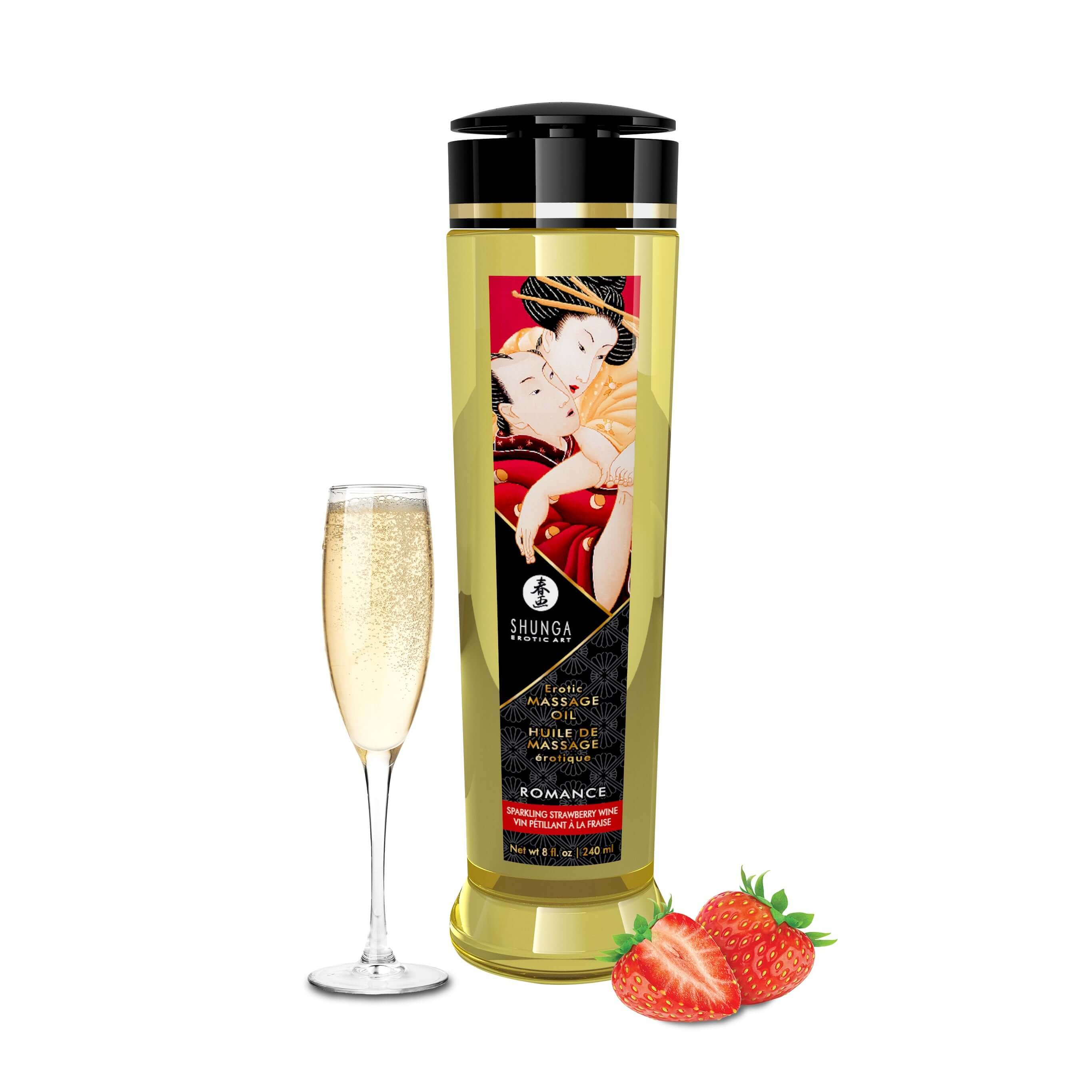 Shunga Romance Massage Oil bottle with champagne glass and strawberries, 8 fl. oz. for an erotic massage experience.