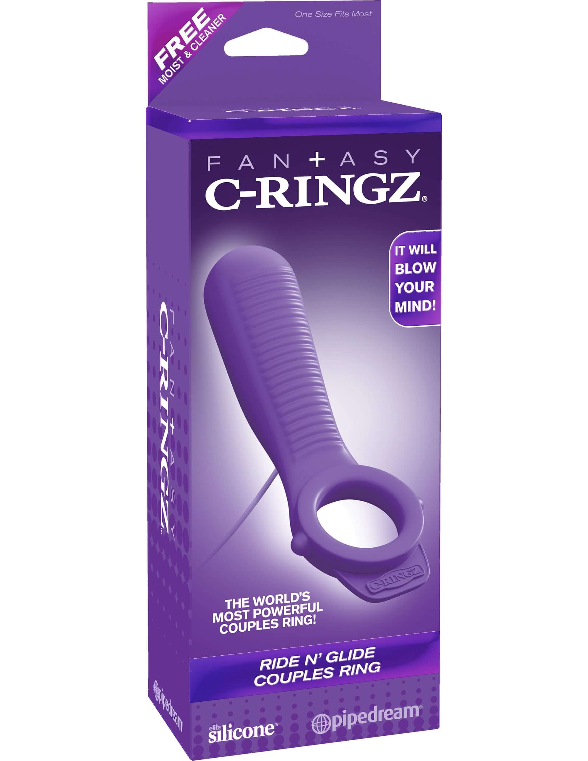 Fantasy C-Ringz Ride n' Glide Couples Ring packaging in purple, showcasing its powerful vibrating features and silicone design.