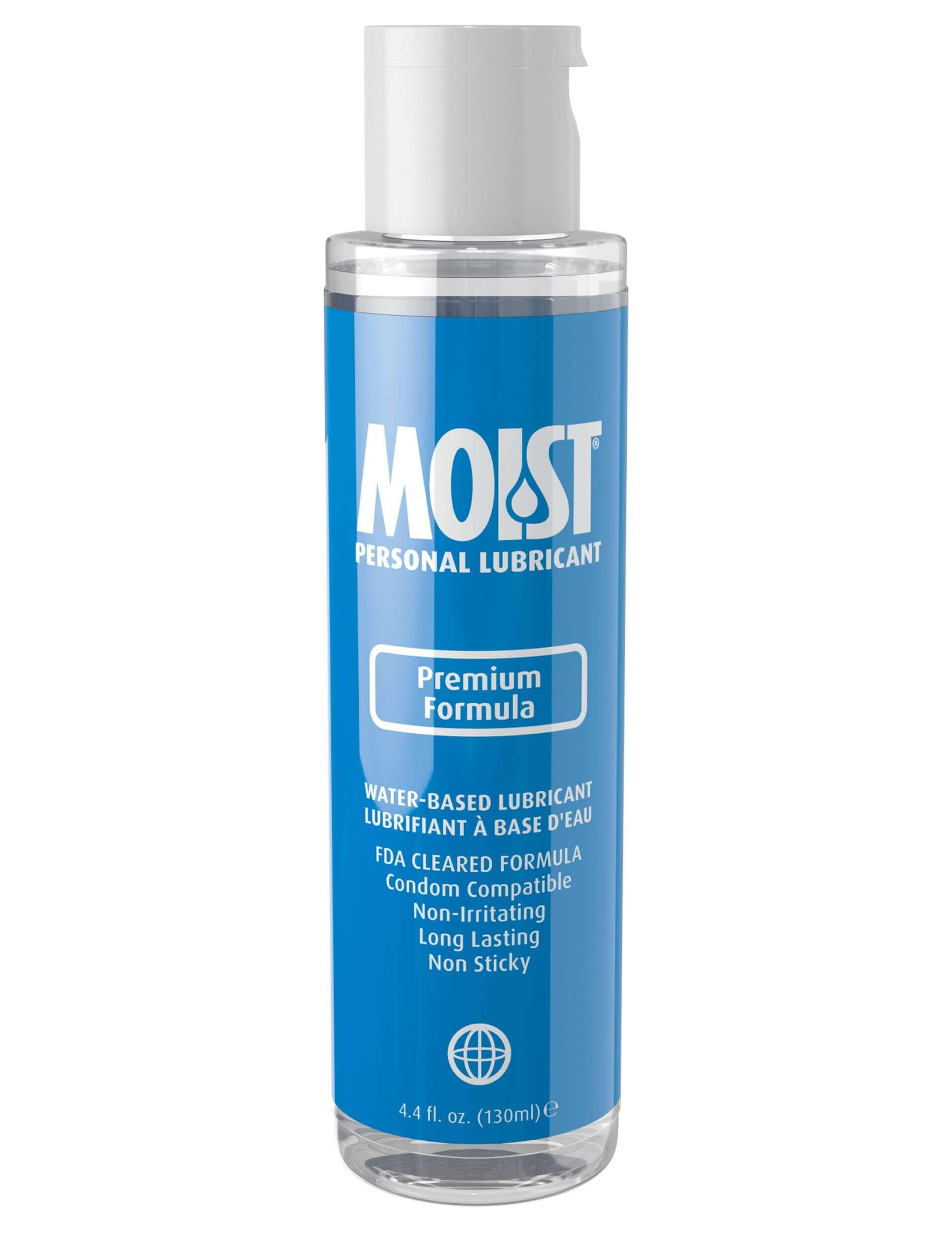 Moist Personal Lubricant Premium Formula 4.4 Oz bottle with blue label, promoting comfort and ease during intimate activity.
