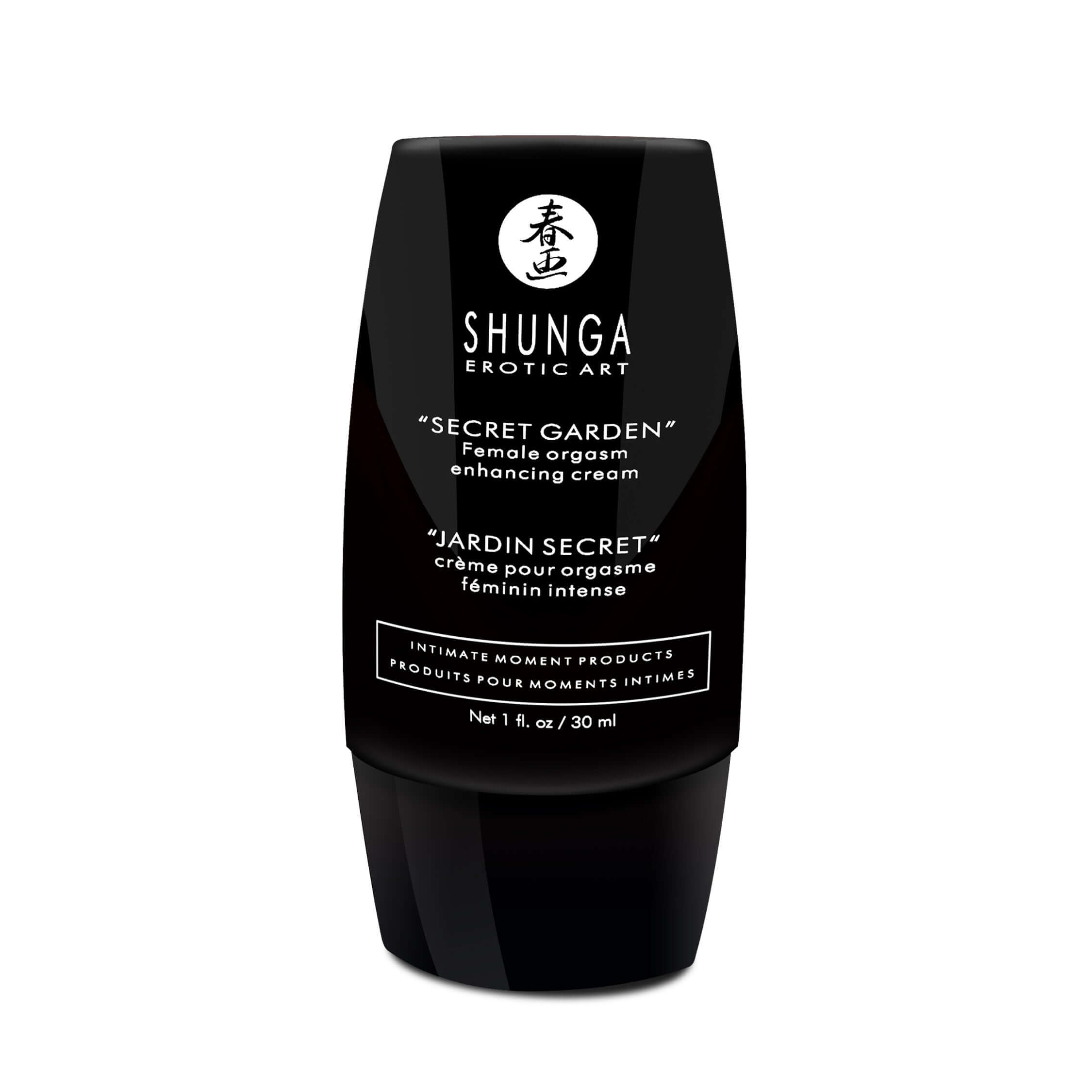 Shunga Secret Garden Clitoral Gel 1 Oz, an enhancing cream for female orgasms, in a sleek black bottle.