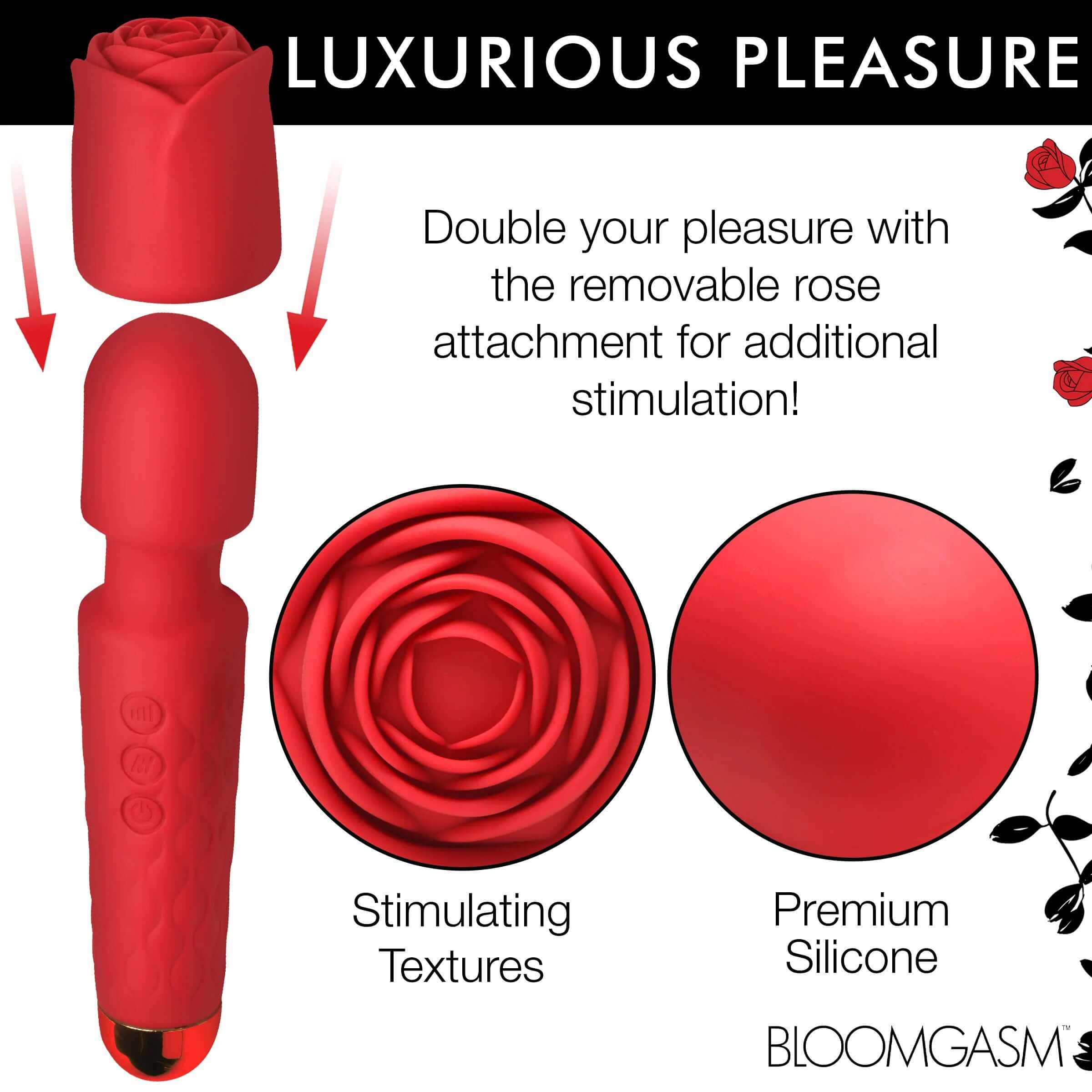 Pleasure Rose 10x Silicone Wand With Rose Attachment - Red-1