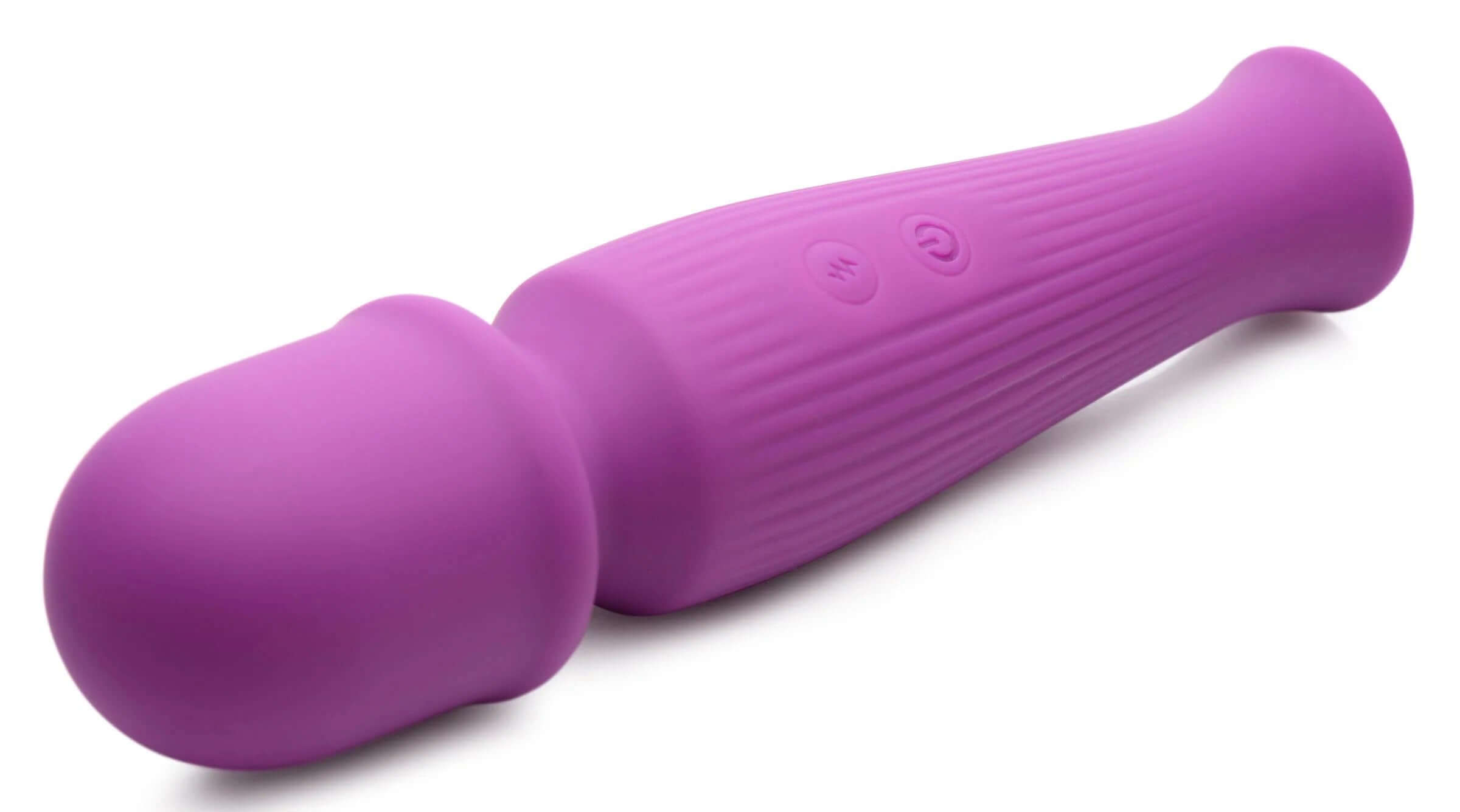 Violet silicone wand massager with textured body and wide head for pleasure and relaxation.