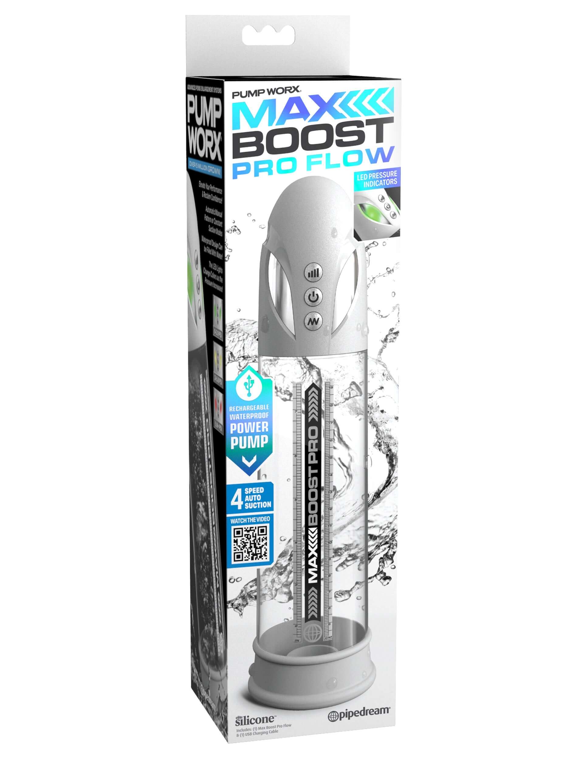 Max Boost Pro Flow Penis Pump in white and clear packaging, featuring automatic and waterproof IPX6 rating for use in the shower, tub, or spa.