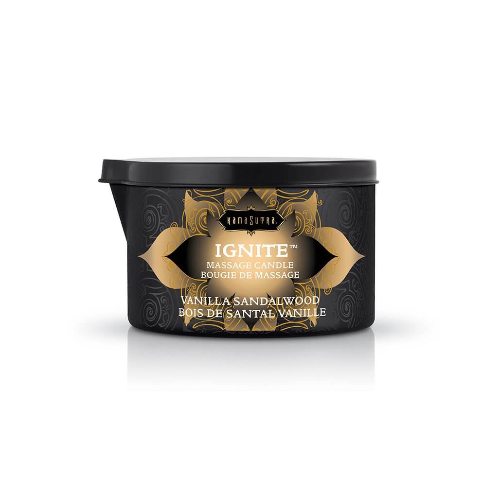 Kama Sutra Ignite Vanilla Sandalwood Massage Candle 6 Oz displayed in a sleek black container.
