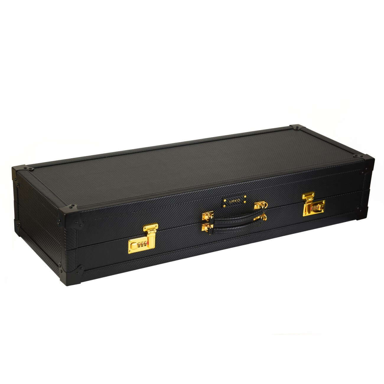 Luxury Bondage Locking Storage Sade Trunk by UPKO in black faux leather with gold locks and handle.