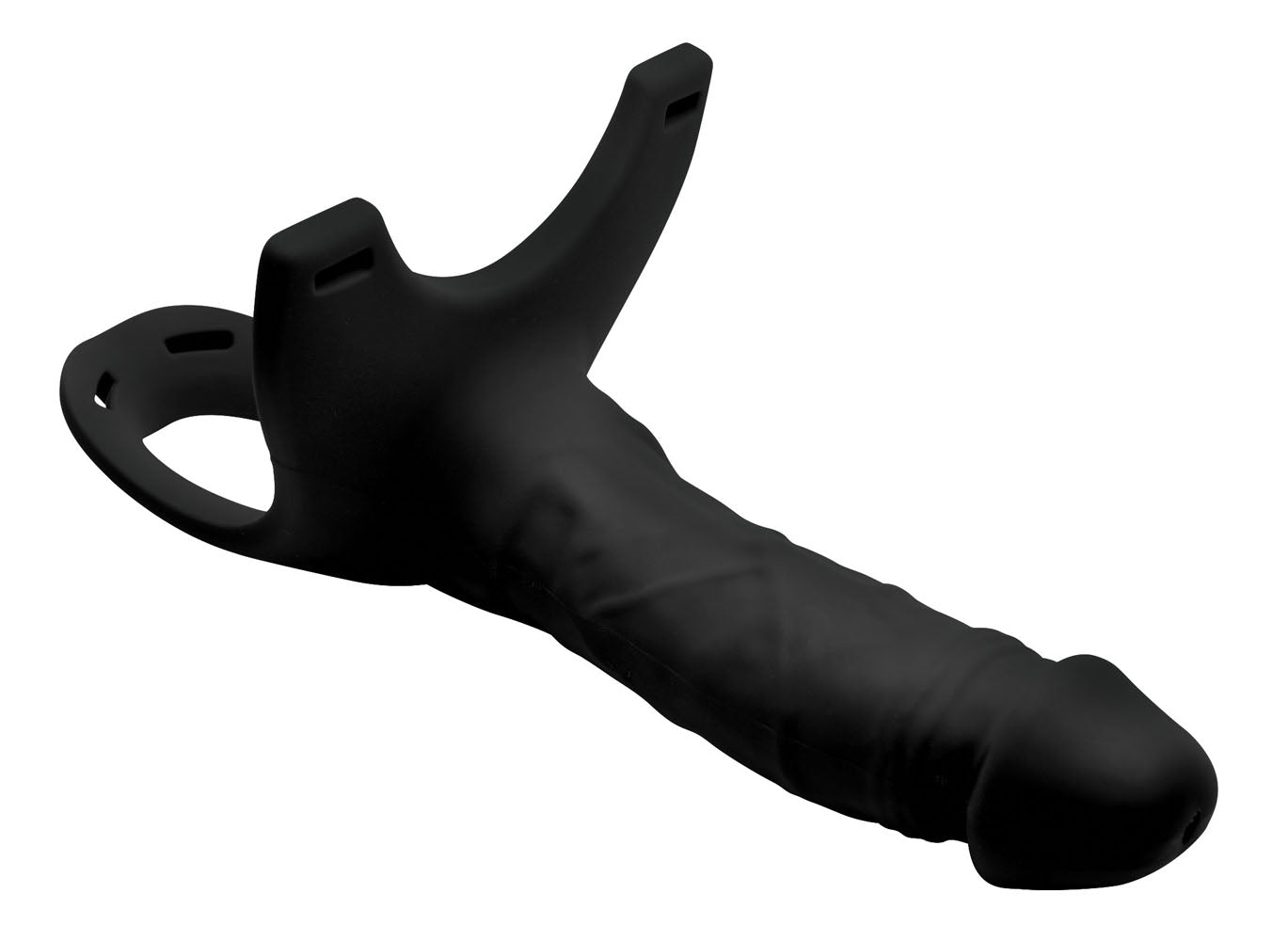 Black hollow silicone dildo strap-on with stability strap and cum thru tip for added girth and length enhancement.