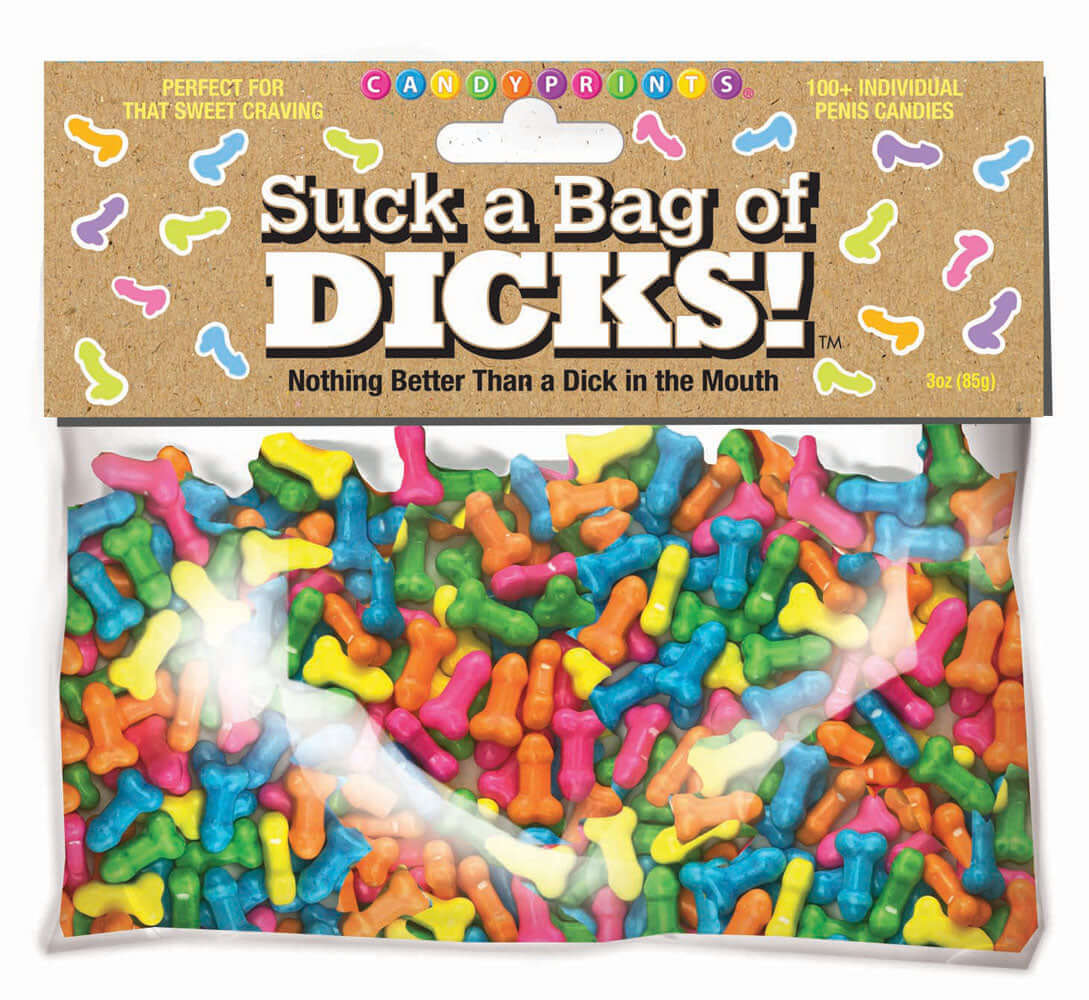 Suck a Bag of Dicks 25 Individual Fun Size Packages with colorful candy shapes in a clear bag.