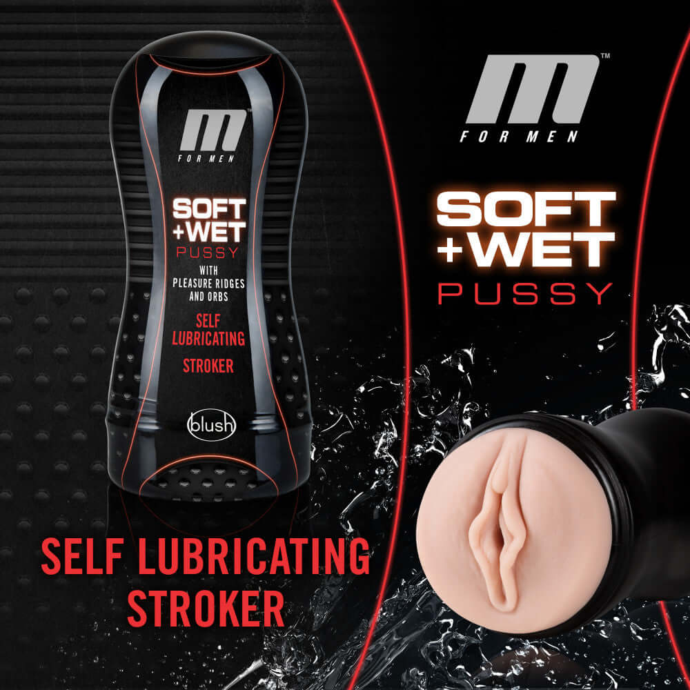 M for Men Soft & Wet Pussy Self Lubricating Stroker showcasing its realistic design and self-lubricating feature.