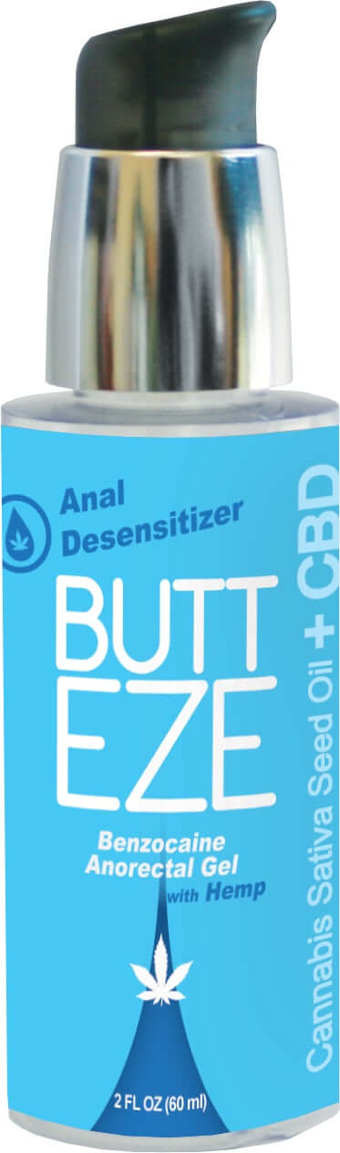 Butt Eze Anal Desensitizer 2 Oz bottle with benzocaine and CBD for smoother intimate experiences.