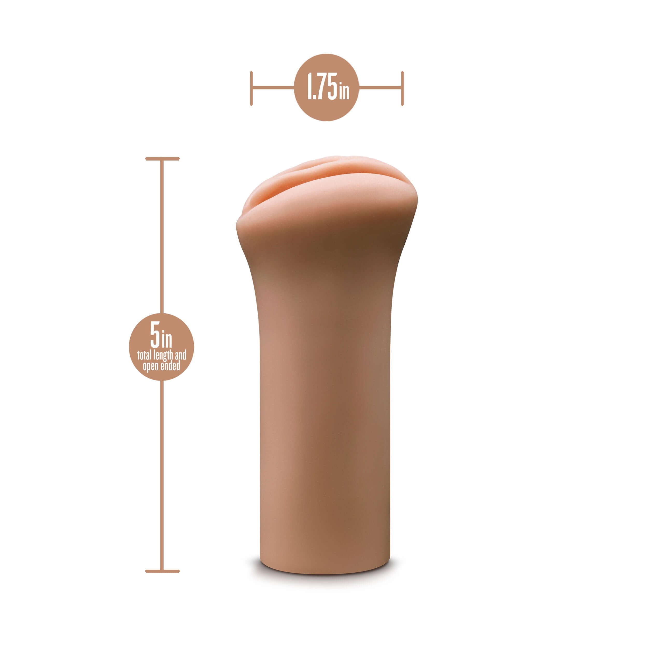 Enlust Molly male stroker in tan, 5 inches long, 1.75 inches wide, featuring an open-ended design for enhanced pleasure.