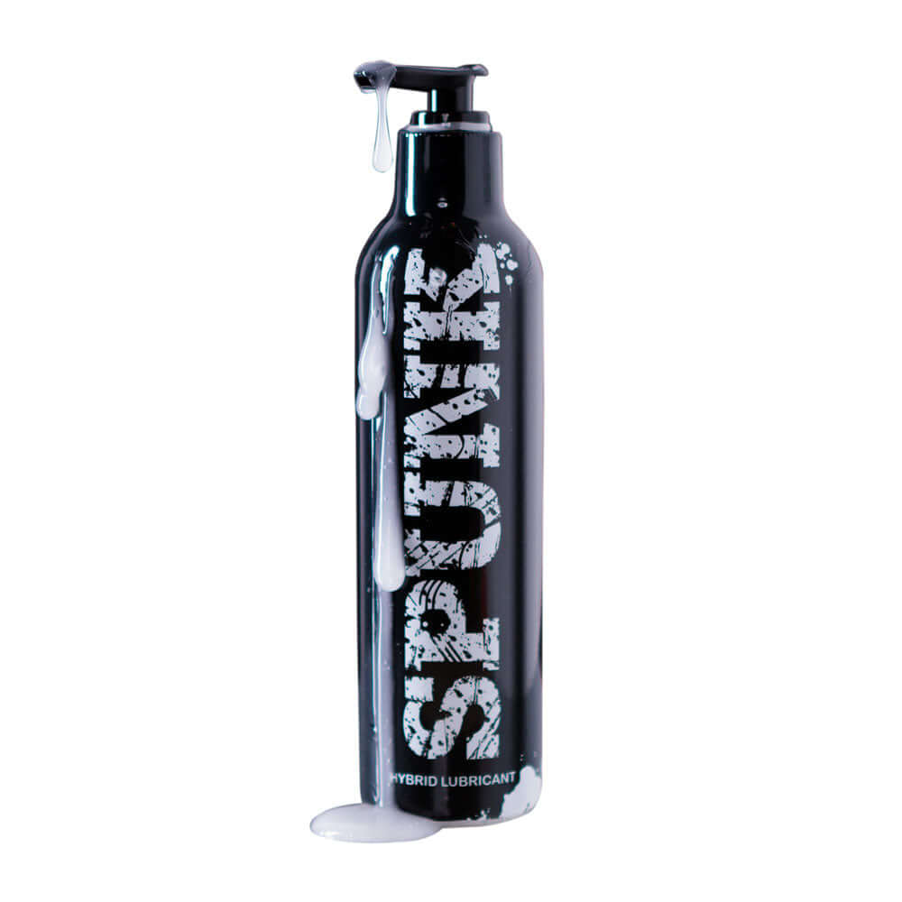 Spunk Lube Hybrid Pump 8 Fl Oz, water-based silicone lubricant in black bottle with pump, creamy non-staining formula dripping.