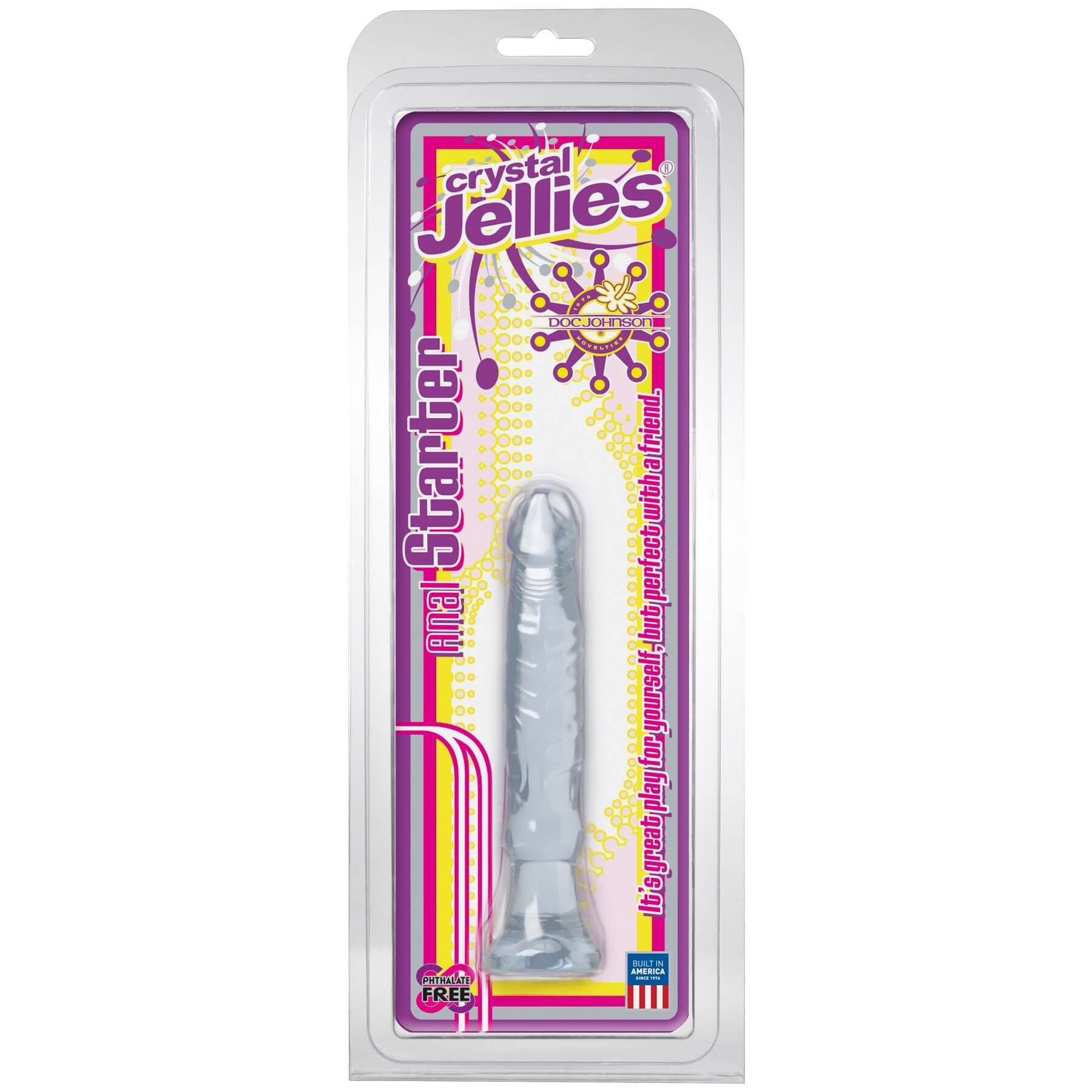 Crystal Jellies Anal Starter in packaging - soft, flexible, phthalate-free, clear toy for comfortable anal play, made in USA.