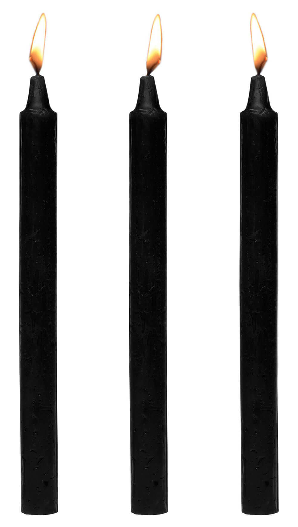 Dark Drippers Fetish Drip Candles 3 Pack Black featuring three black candles with flames.
