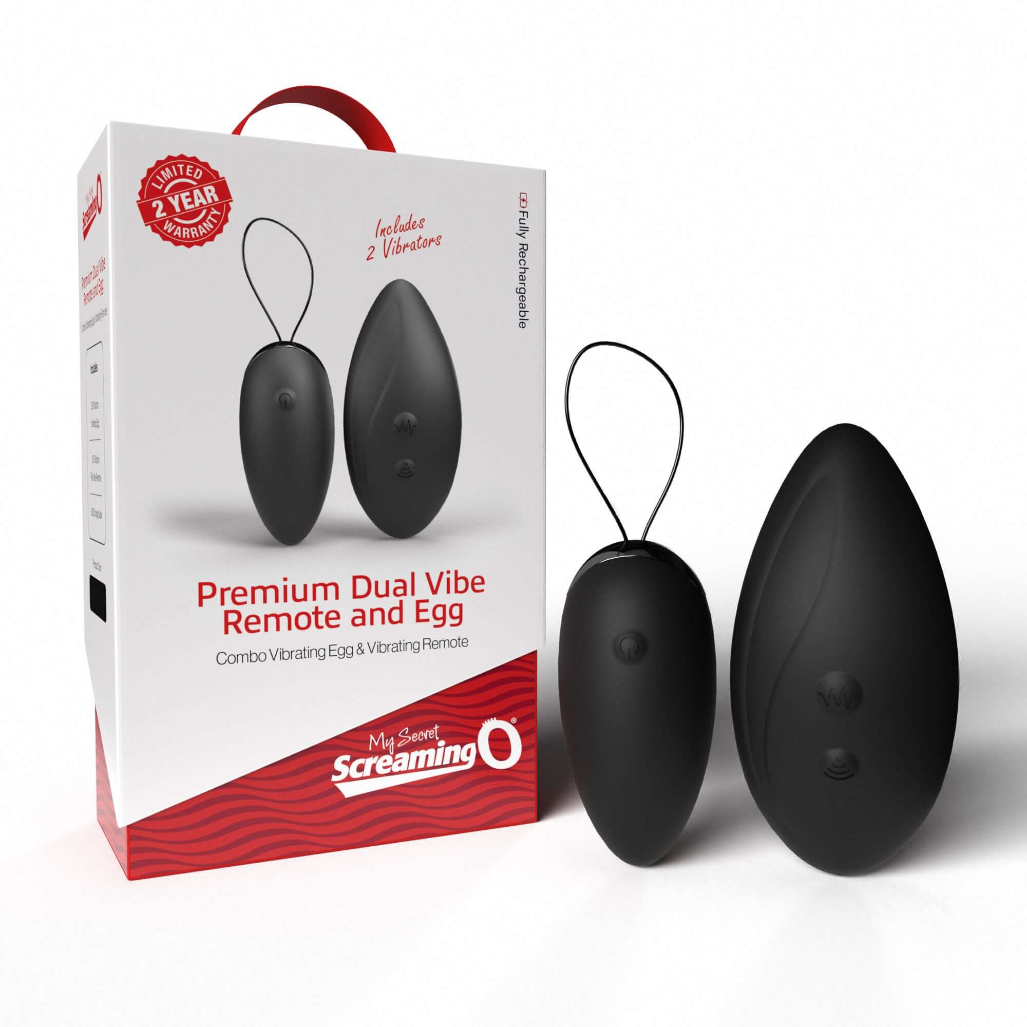 Premium Dual Vibe Remote and Egg by Screaming O - Black silicone vibrators with 20+10 functions, waterproof, rechargeable, USB included.