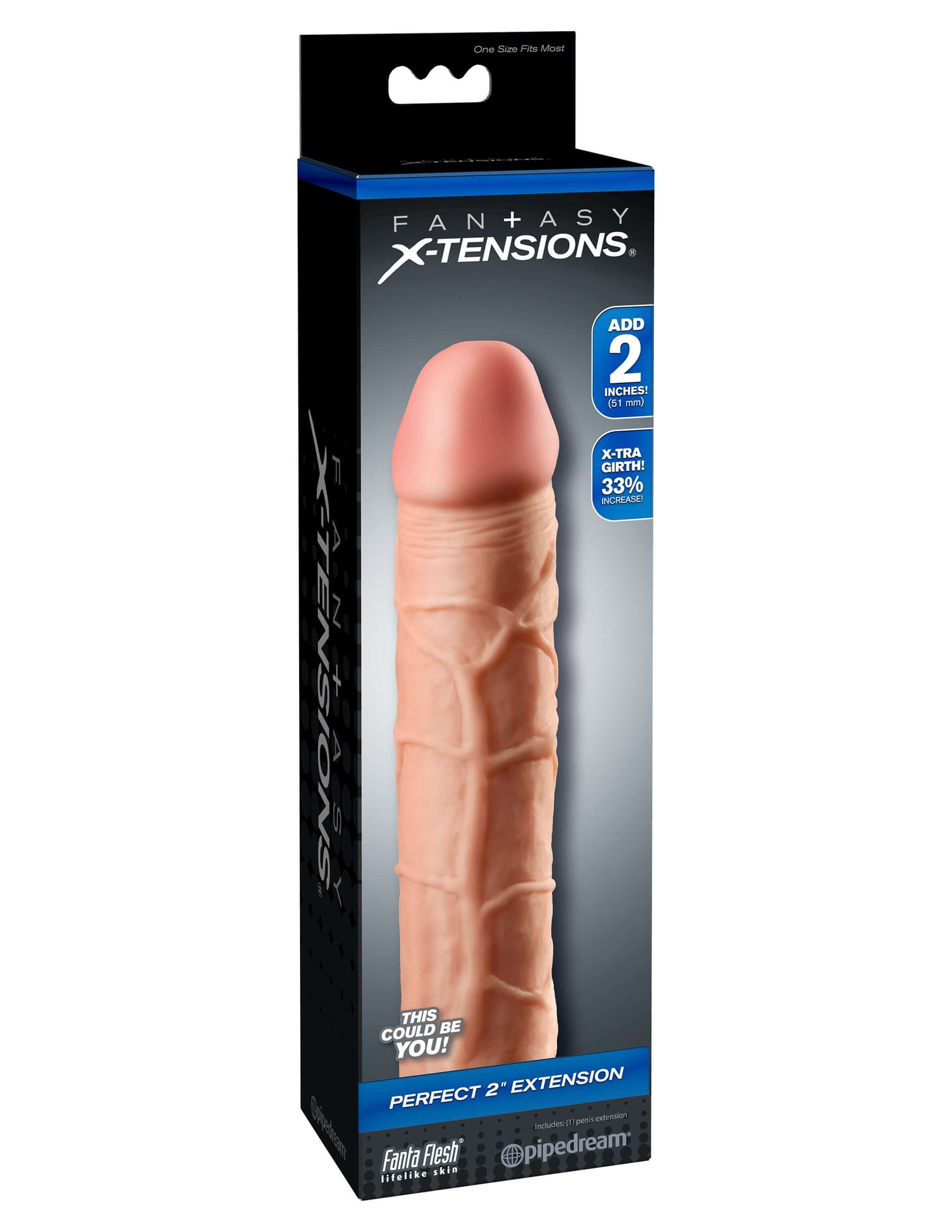 Fantasy X-Tension Perfect 2-Inch Extension performance sleeve packaging with customizable fit and body-safe design.