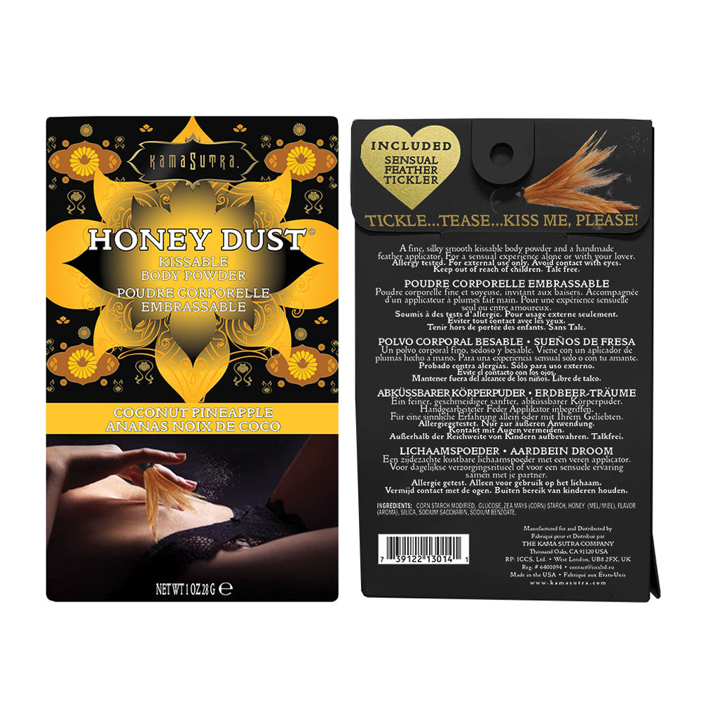 Kama Sutra Honey Dust Coconut Pineapple 1 Oz kissable body powder packaging featuring vibrant design and included feather tickler.