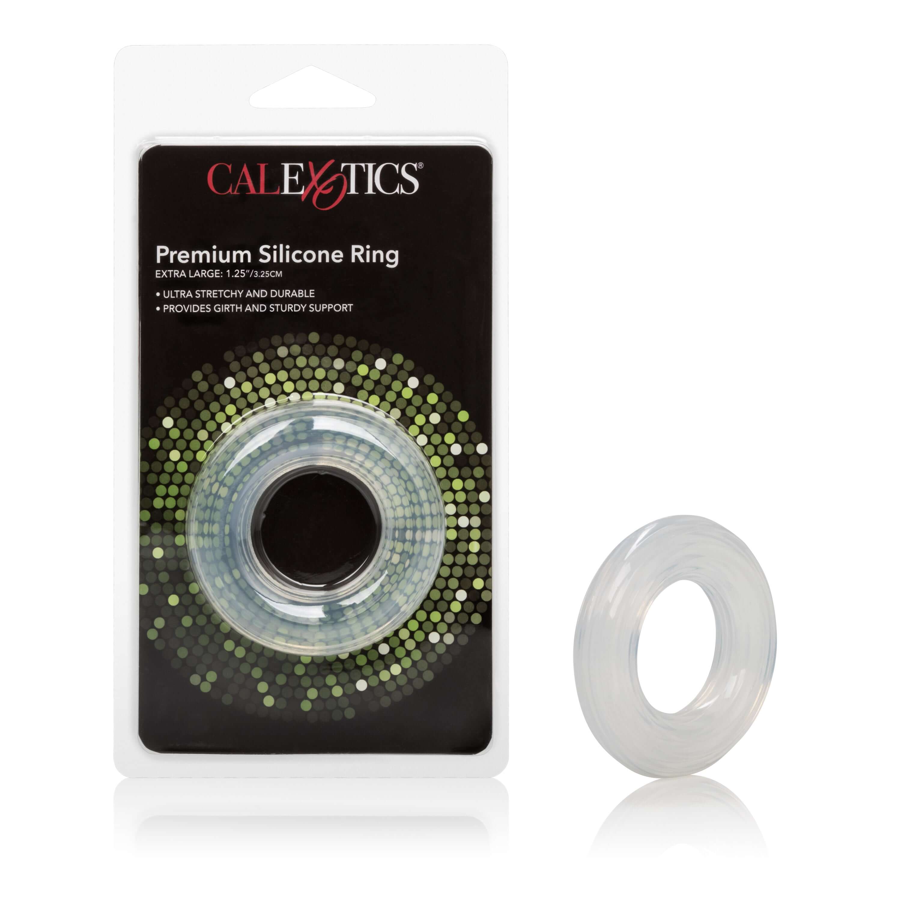 Premium Silicone Cock Ring Extra Large Clear in packaging with a seamless design for comfort and durability.