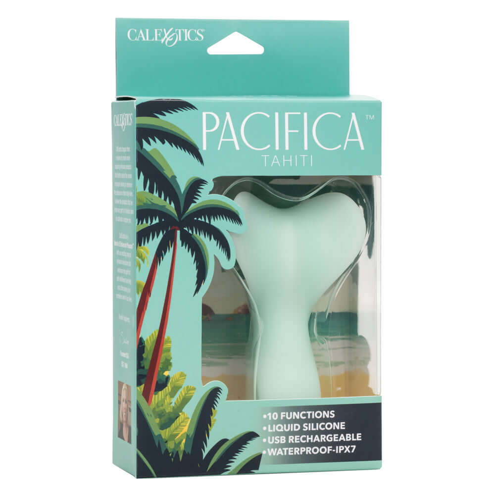 Pacifica Tahiti Massager in Green Box with Palm Tree Motif and Product Features Highlighted